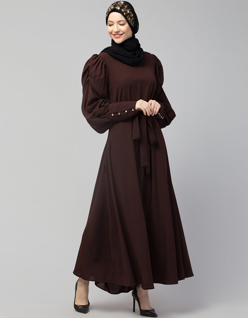 Elegant Arabic Long Cuff Gathered Puffed Sleeve Brown Abaya Dress for Women | Modest Islamic Clothing | Perfect for Prayer, Eid, Wedding & Special Occasions