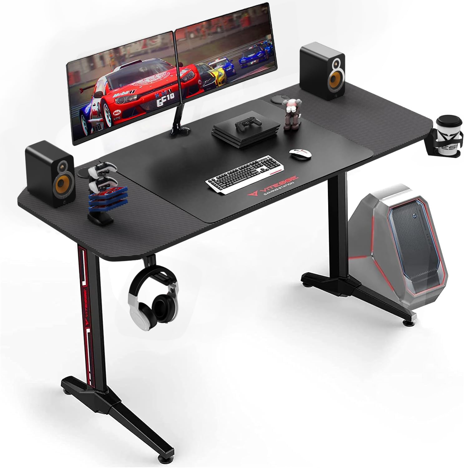 VITESSE 55 Inch Ergonomic Gaming Desk - T-Shaped Office PC Computer Desk with Mouse Pad, Handle Rack, Cup Holder & Headphone Hook - Perfect for Gamers, Streamers & Home Office Workstations