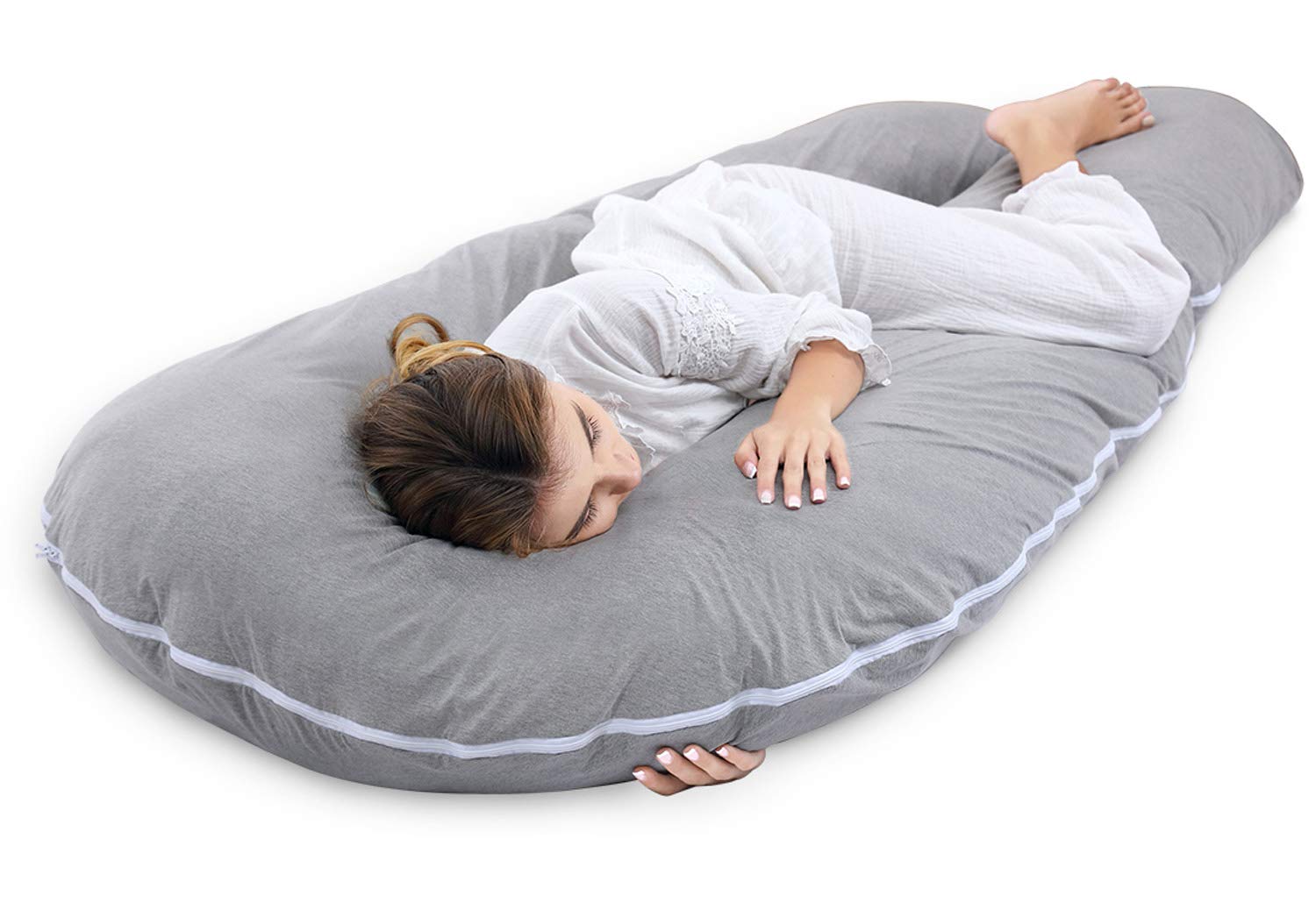 AngQi Full Body Support Pillow with Cooling Jersey Cover - U-Shaped Maternity Pillow for Pregnancy Comfort & Pain Relief - Perfect for Side Sleepers, Back Pain, and Postpartum Recovery