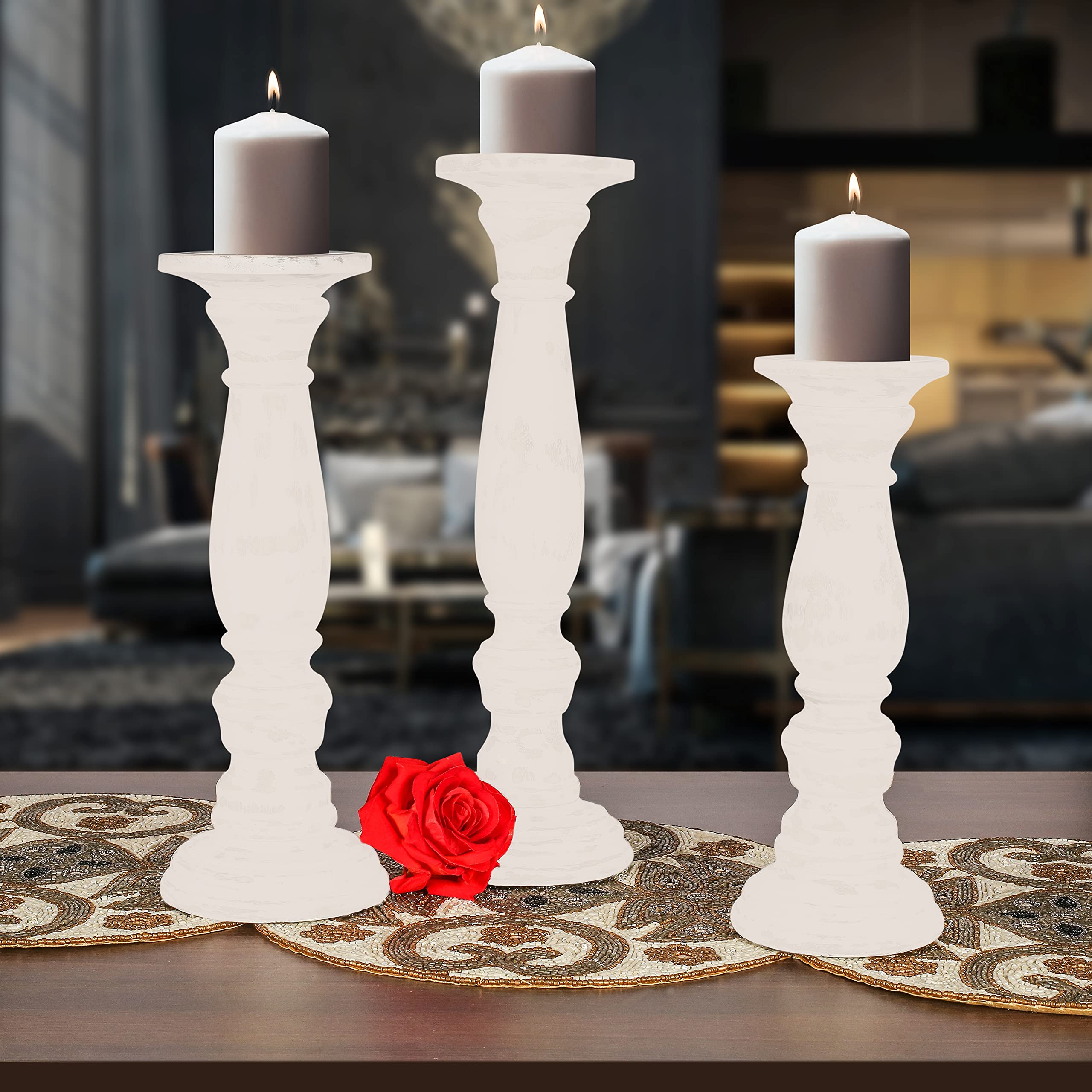 Wooden Candle Holder Stand Set of 3 - 16,14,12 Inch White Country Style Candelabra for Wedding Unity Ceremony, Party Decor & Home Spa Relaxation | Rustic Home Decor & Thoughtful Gift Idea