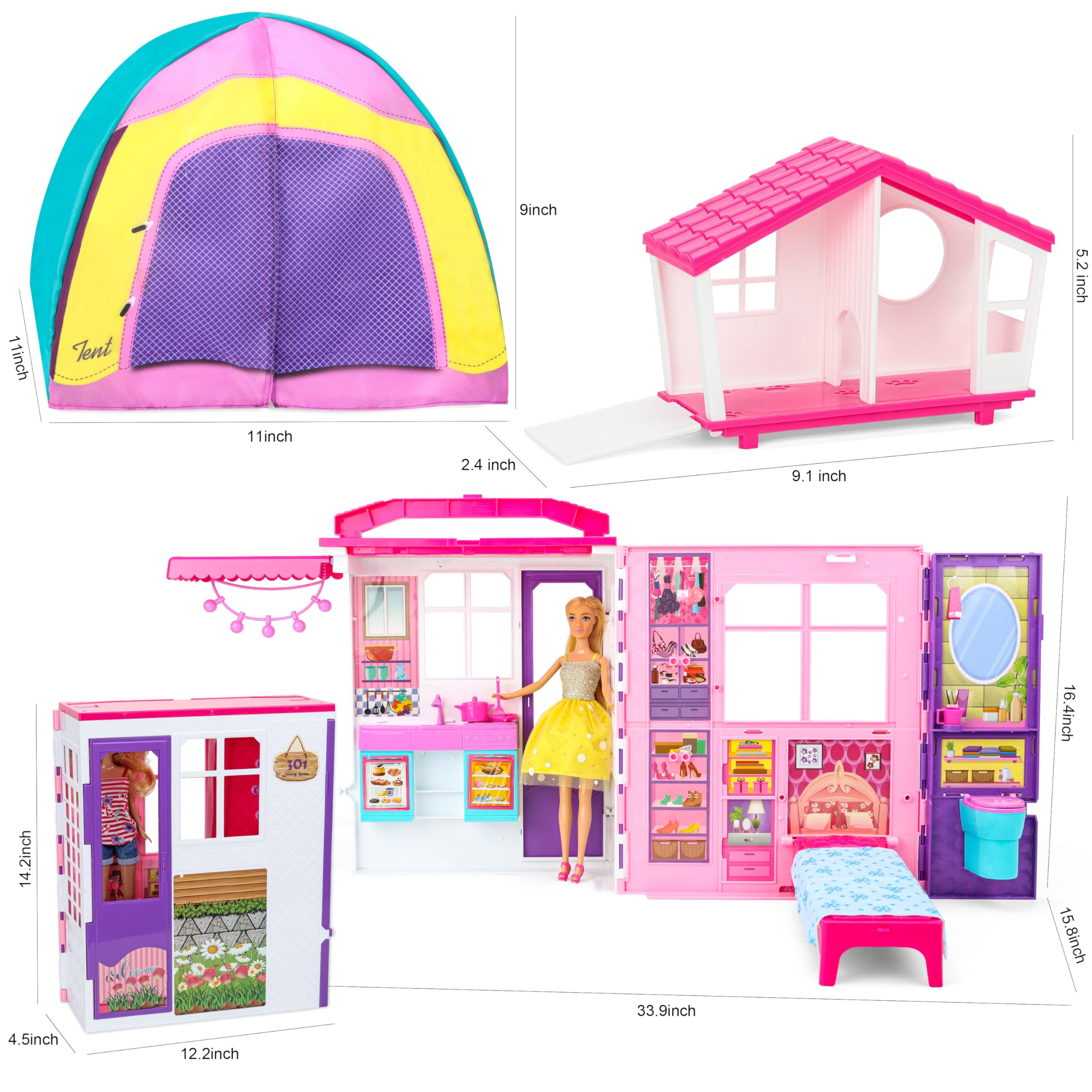 Portable & Foldable Dollhouse with 60+ Accessories & 2 Dolls - Play House Toy with Bedroom, Kitchen, Pet House & Camping Playset - Perfect Birthday Gift for Girls, Kids & Toddlers - Great for Indoor Play, Pretend Play & Gift Giving