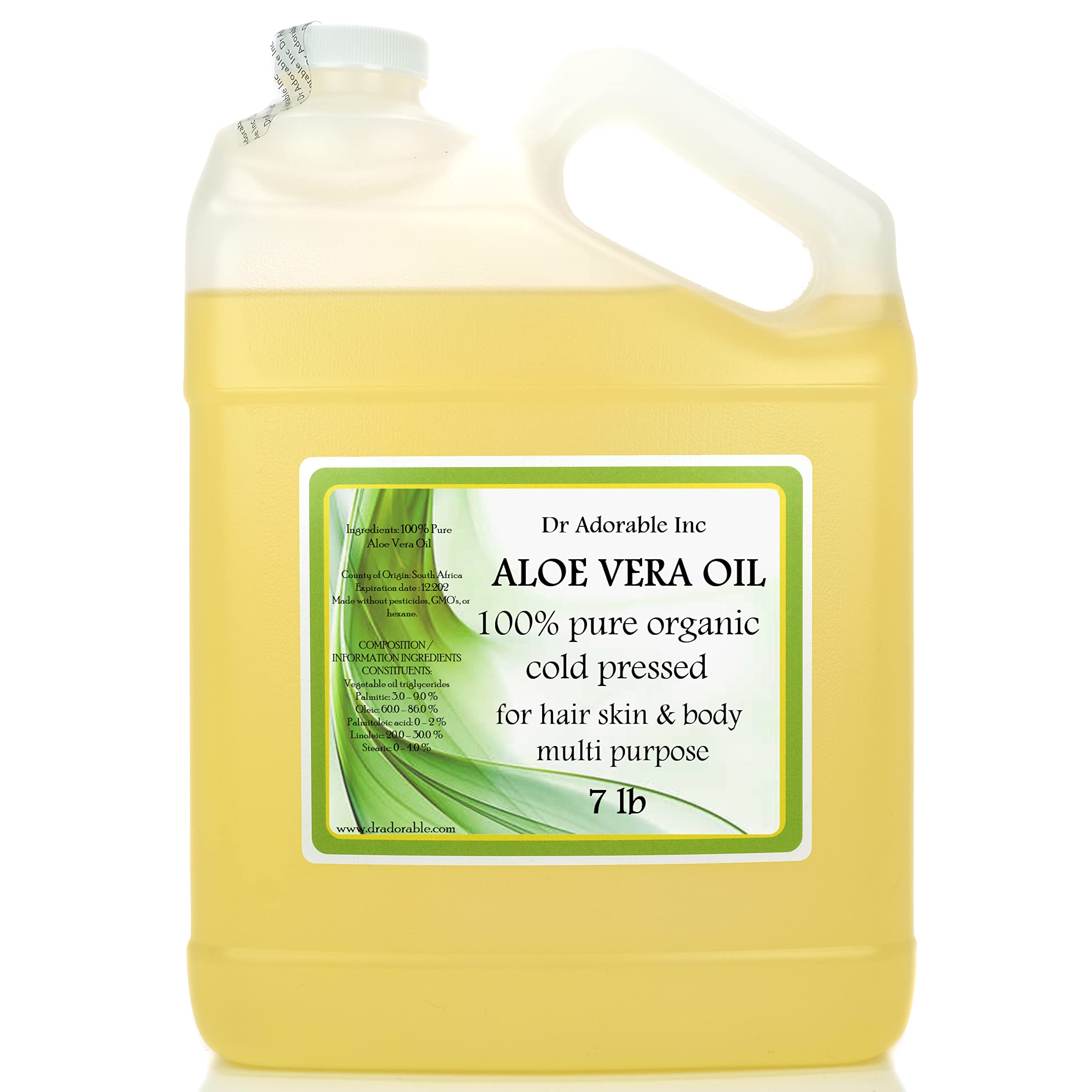 Dr Adorable 7 lb Aloe Vera Oil - 100% Pure Natural Organic Cold Pressed Unrefined - for Skin Care, Hair Growth & Aromatherapy