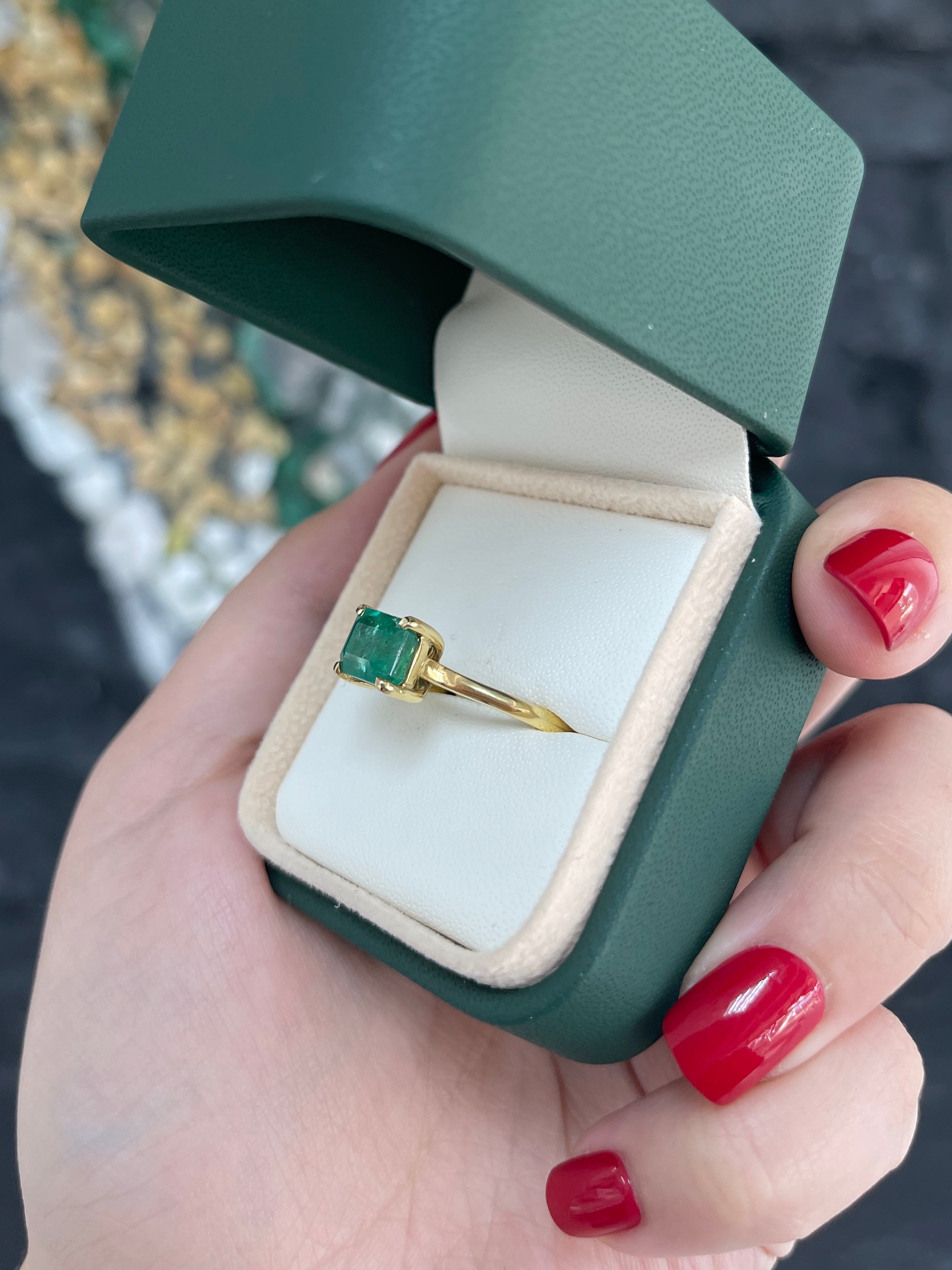 2.55ct 18K Natural Emerald Cut Bluish Green Medium Dark Green East to West Engagement Ring for Women - Vintage Inspired Wedding Band, Anniversary Gift, Proposal Jewelry for Her