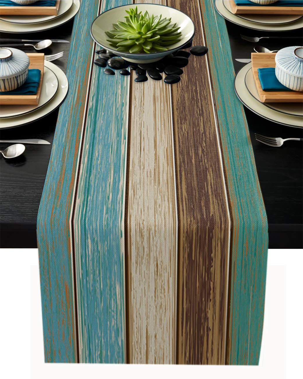 108 Inch Cotton Linen Table Runner - Rustic Farmhouse Teal Green & Brown Dresser Scarf - Perfect for Kitchen, Dining Table, Coffee Bar & Party Decor - Vintage Barn Wood Style Burlap Table Cover