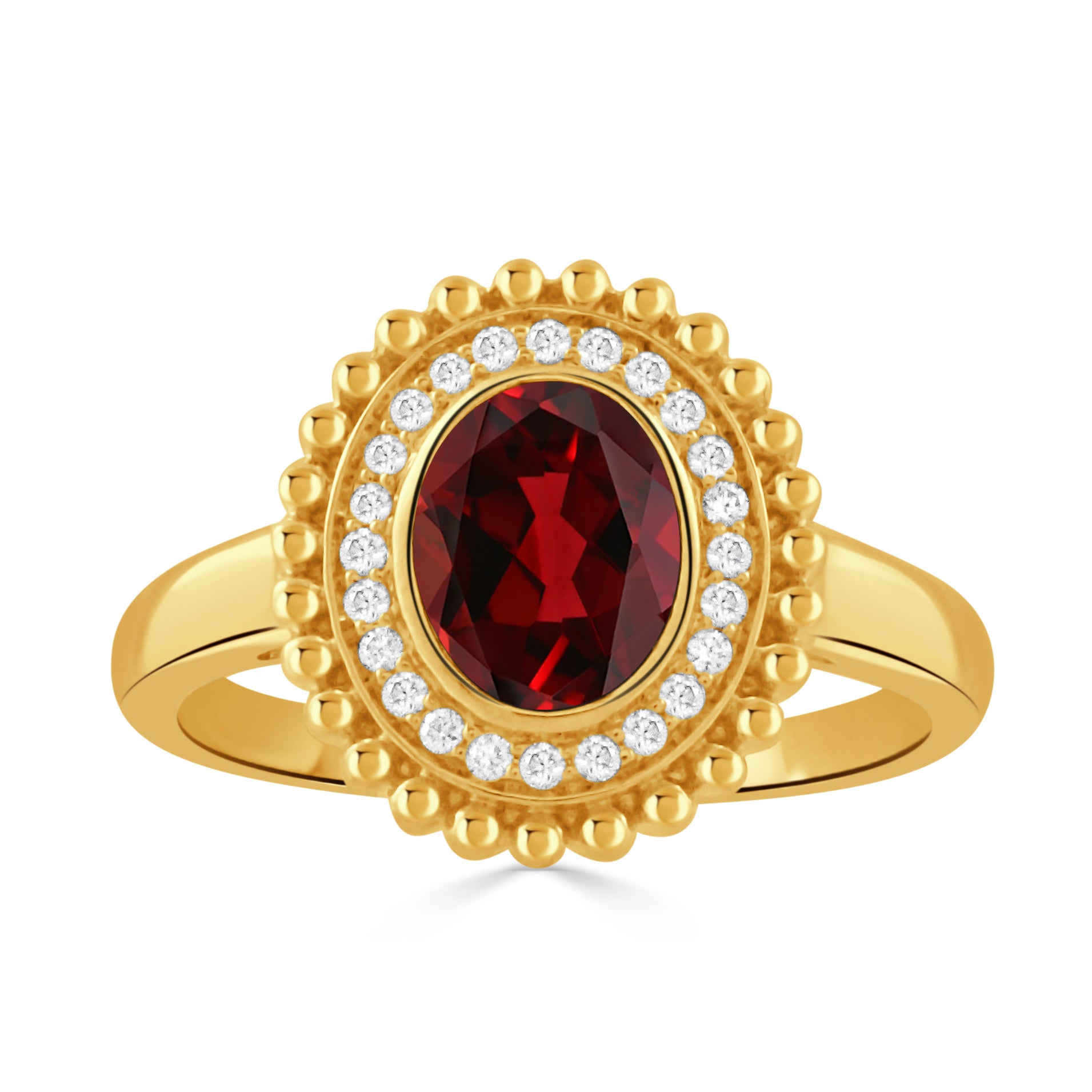 Elegant 18K Yellow Gold Oval Garnet & Diamond Beaded Ring for Women | Perfect for Weddings, Anniversaries & Special Occasions