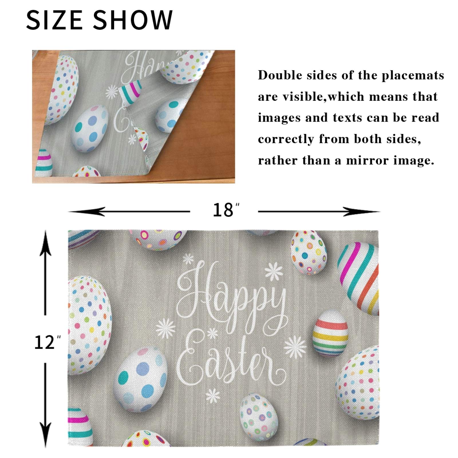 Easter Placemats Set of 6 - Washable Wooden Easter Egg Table Mats for Dining & Kitchen - 12