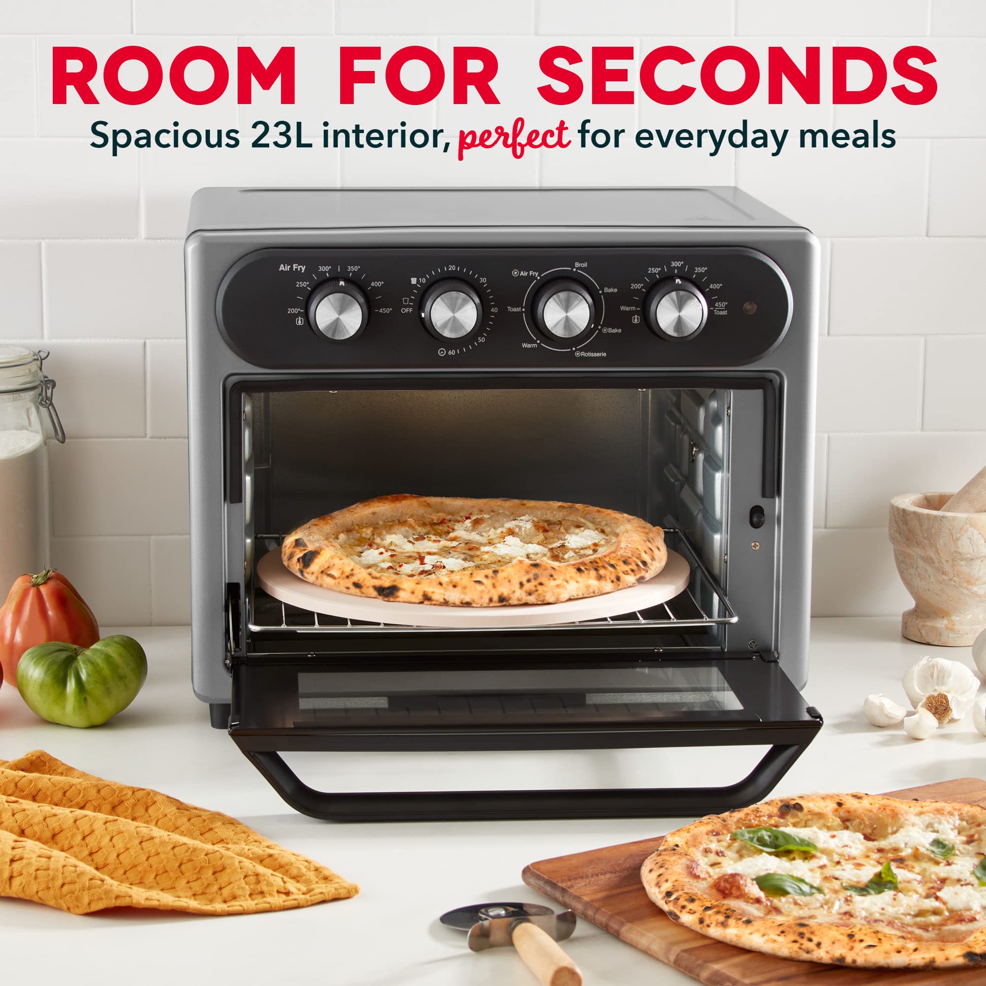 Dash Chef Series 7-in-1 Convection Toaster Oven Air Fryer with Rotisserie - 23L Graphite Countertop Oven for Baking, Roasting & Frying | Includes Non-Stick Fry Basket, Baking Pan, Rack, Skewers & Recipe Book | Perfect for Small Kitchens, Dorms & RV Cooking