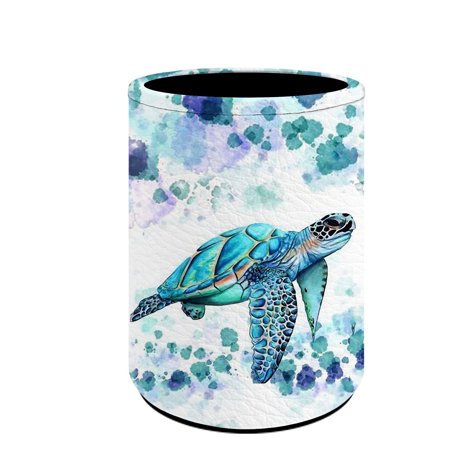 Sea Turtle Design PU Leather Pen Cup & Pencil Holder - Round Desk Organizer for Office Supplies, Makeup Brushes | Stylish Storage Solution for Home, Office, School (Perfect Gift for Women & Men)