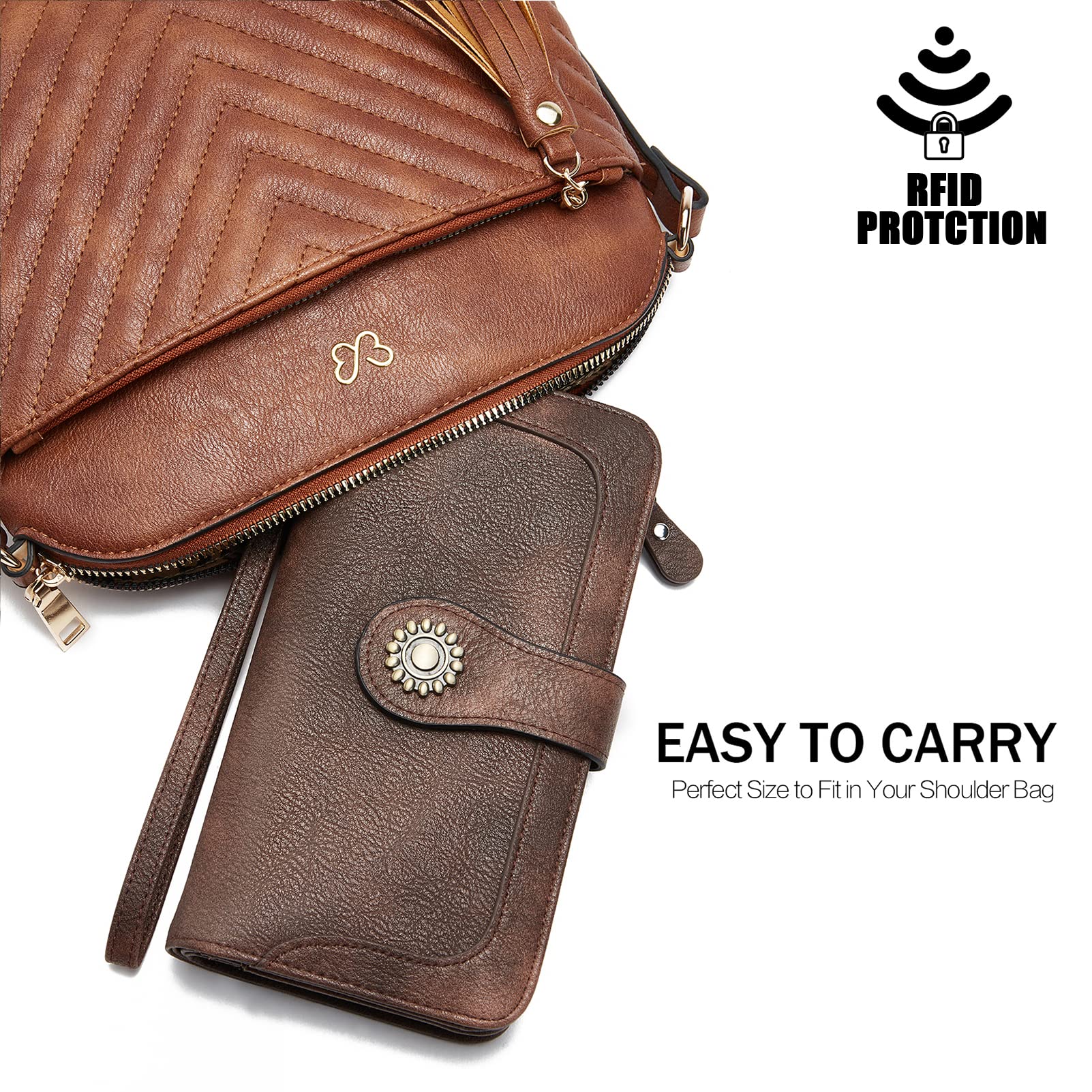 BROMEN Women's RFID Blocking Leather Wallet - Large Capacity Credit Card Holder & Wristlet Clutch Purse (Coffee) | Perfect for Everyday Use, Travel, and Gift Giving
