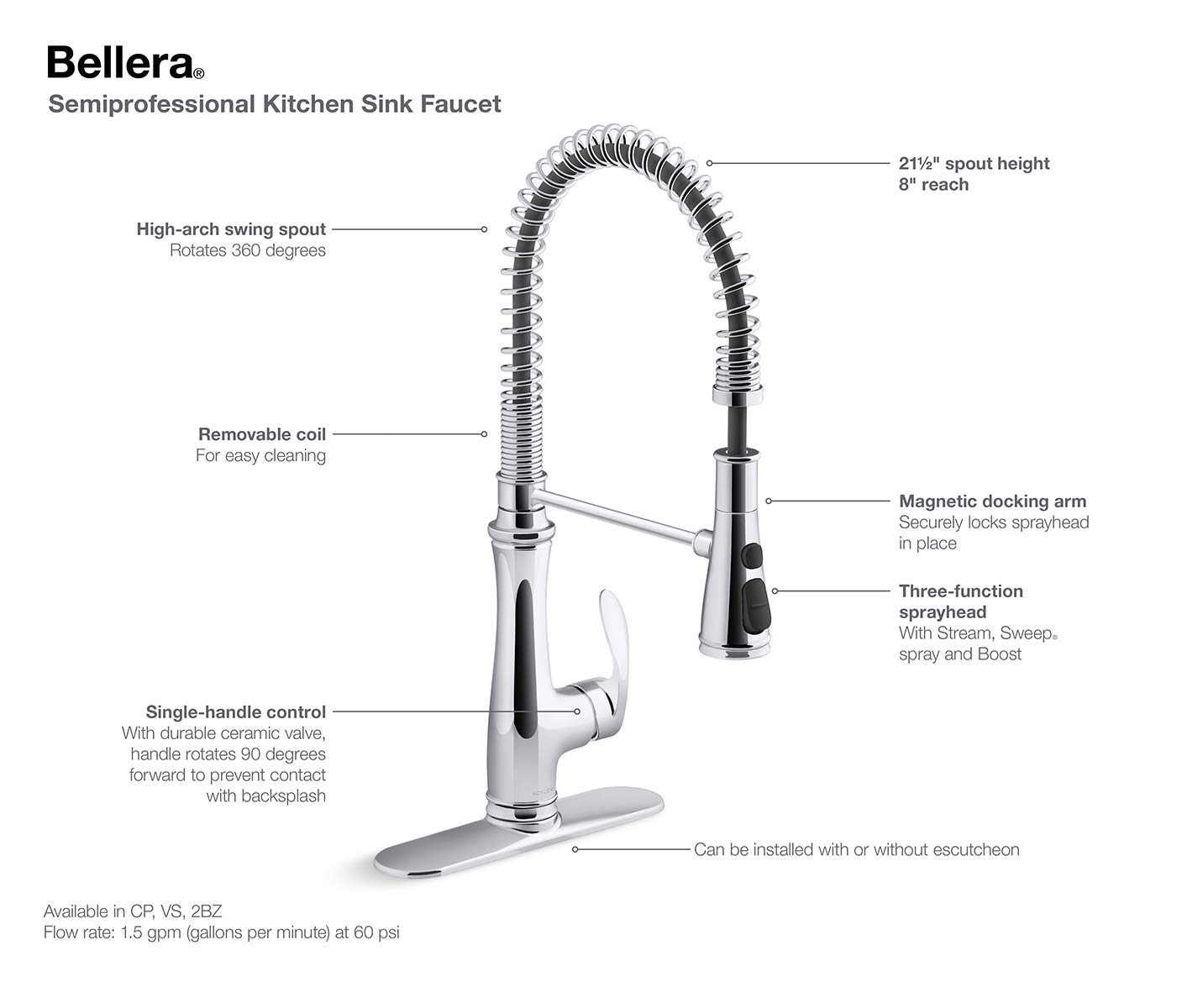 KOHLER K-29106-CP Bellera Pull Down Sprayer Kitchen Sink Faucet - 3 Function Spray Head, Polished Chrome Finish for Modern Kitchens | Perfect for Washing Dishes, Filling Pots & Cleaning Produce