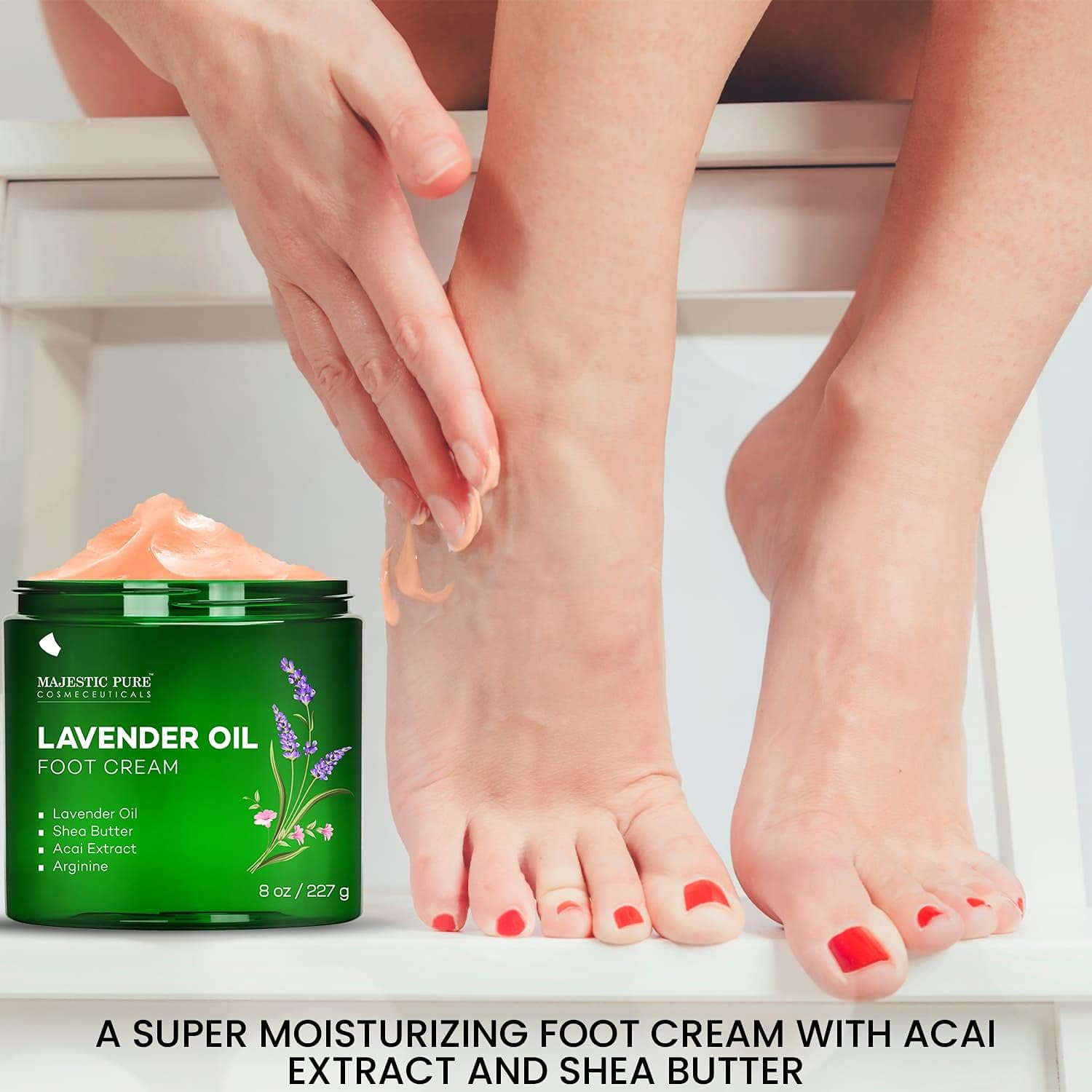 Majestic Pure Lavender Oil Foot Cream - Moisturizing & Warming Cream for Calluses, Dry Cracked Feet, Hands, Heels, Elbows, Nails & Knees - Softens Skin - 8 oz - Perfect for Spa Night, Pedicures & At-Home Foot Care