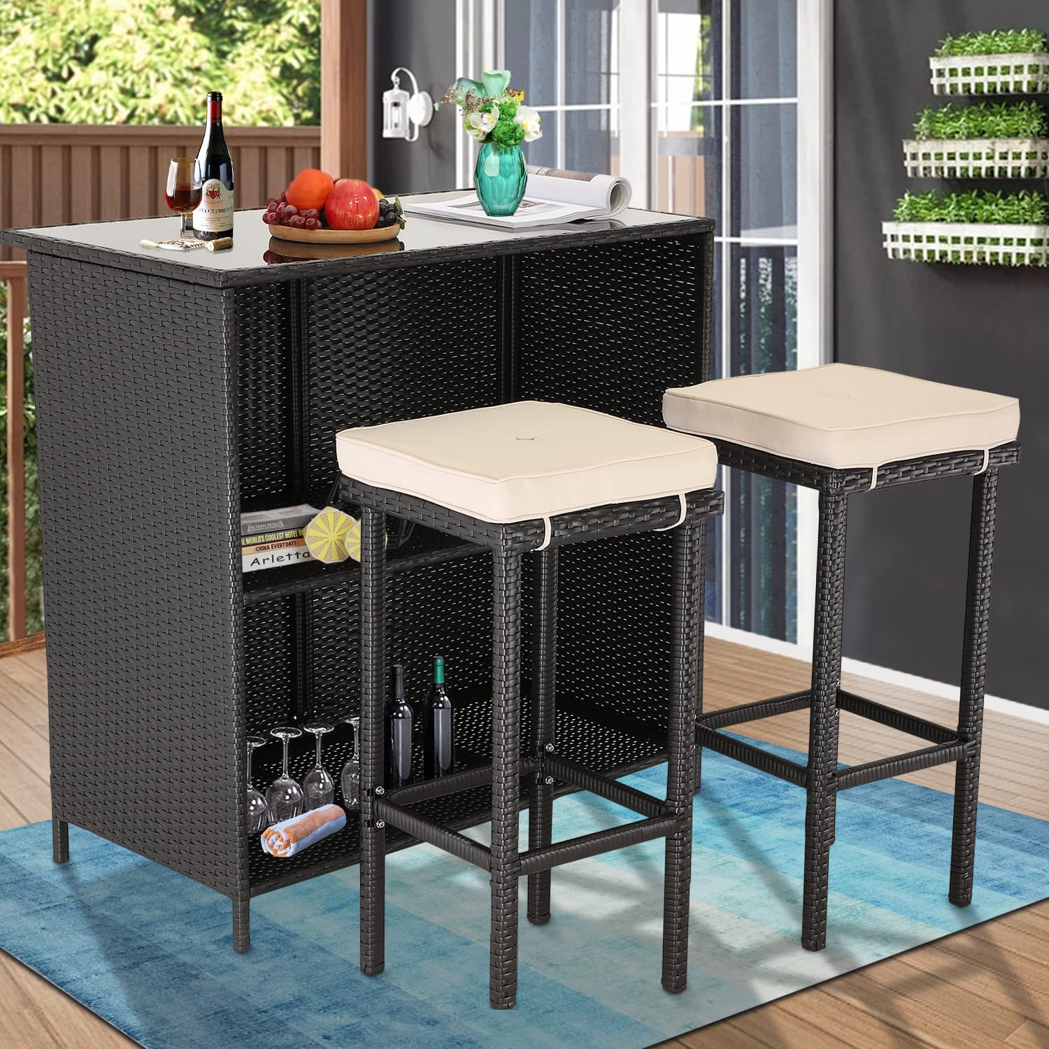 Furnimy 3-Piece Outdoor Patio Bar Set - PE Wicker Bar Table & 2 Stools, Beige - Perfect for Backyard, Garden, Poolside & Patio Entertaining