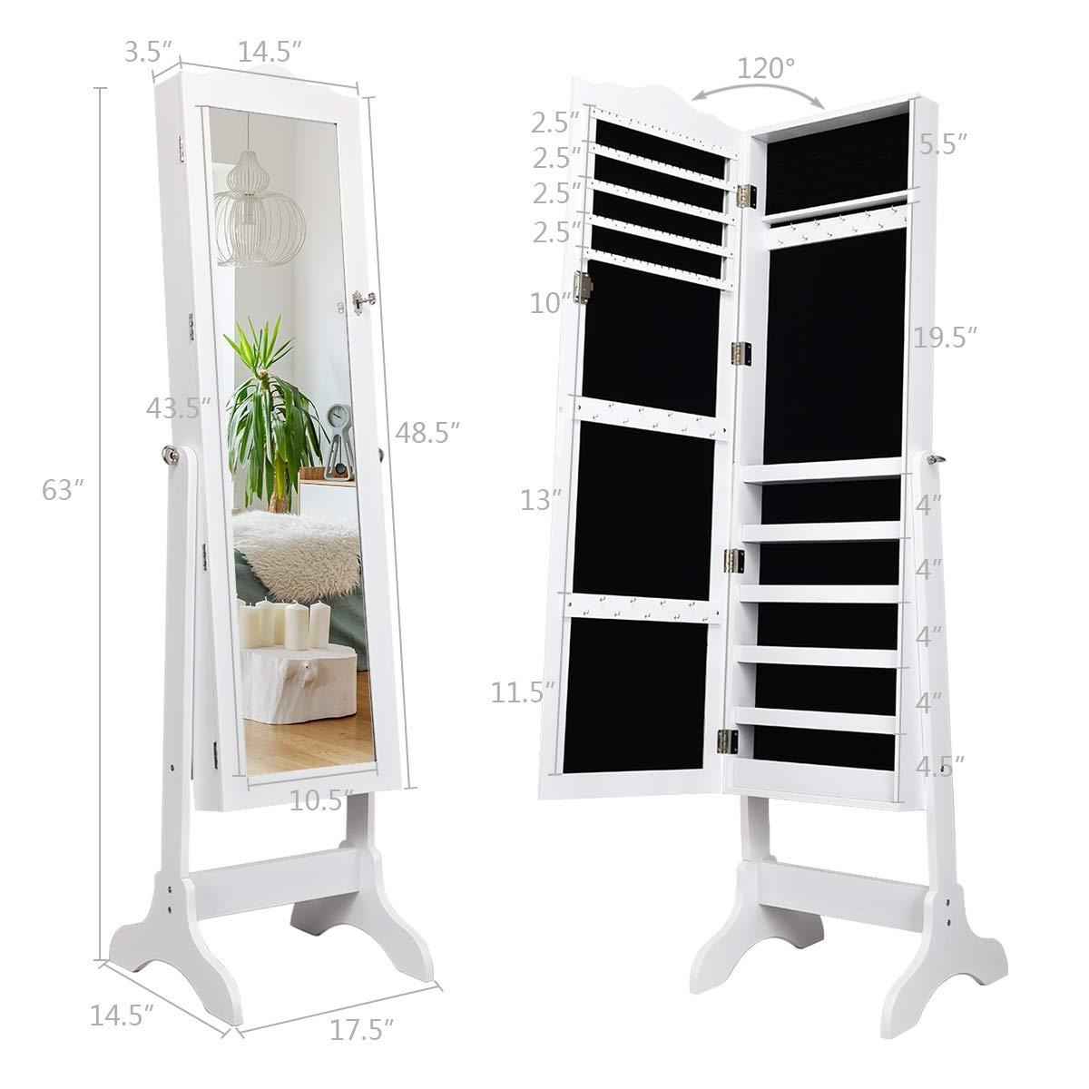 Giantex Lockable Jewelry Armoire Cabinet with Full Length Mirror - 3 Adjustable Angles, Jewelry Organizer Storage Box for Necklaces, Rings & Accessories - Perfect for Bedroom, Dressing Room & Gift (White)