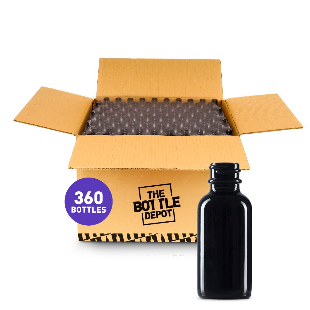 1 oz Glass Boston Round Bottles - 360 Pack - Black UV Protection - 20-400 Neck Finish (Closures Not Included) - Ideal for Essential Oils, DIY Beauty Products & Craft Storage - Wholesale Bulk Packaging Solution