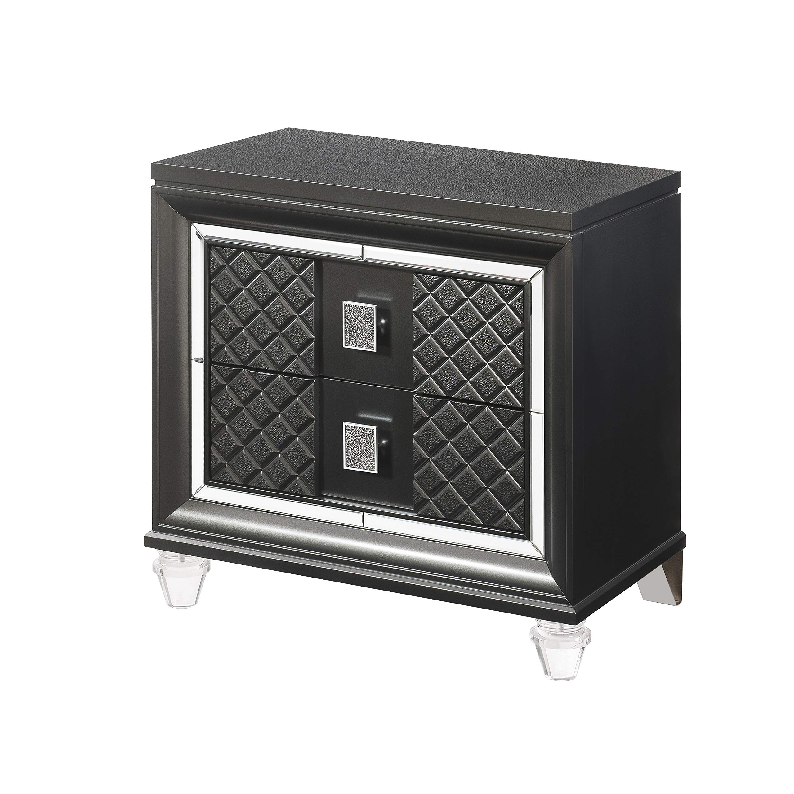 Benjara 2 Drawer Wooden Nightstand with Mirror Accents & Diamond Pattern - Black Bedside Table for Bedroom, Living Room, or Guest Room - Modern Nightstand with Storage for Home Decor