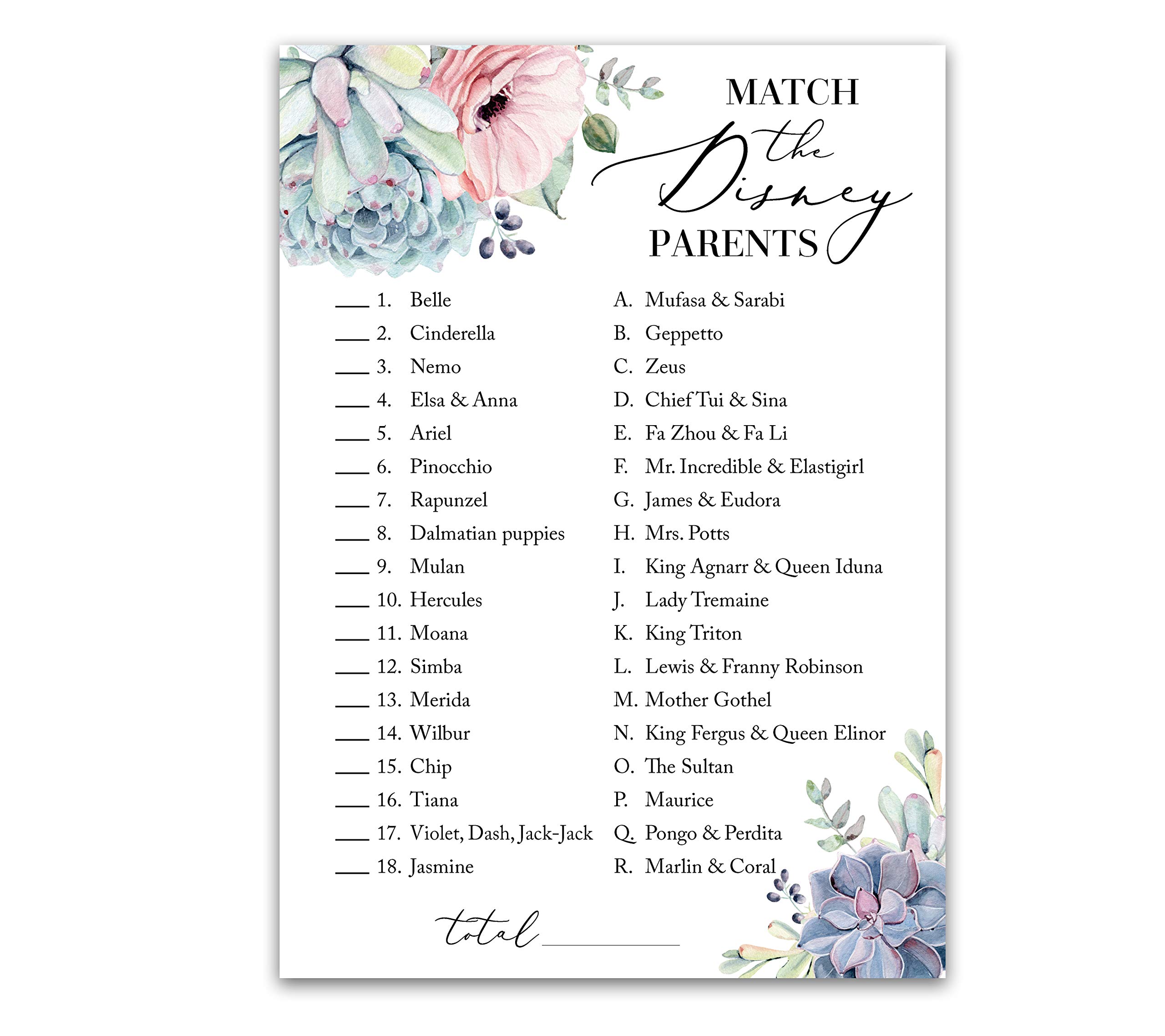 25-Pack Gender Neutral Cartoon Parent Match Baby Shower Game - Fun Succulent-Themed Baby Shower Activity for Greenery Decor - Perfect for Coed Showers, Virtual Parties & Gender Reveals