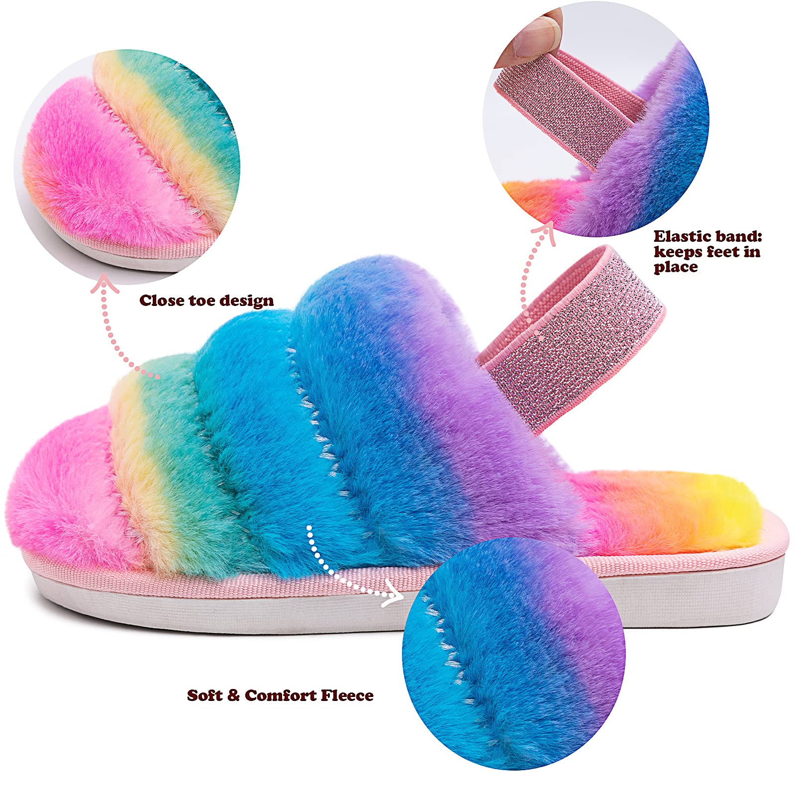 Kids Fluffy Fuzzy Slippers - Soft Faux Fur Open-Toe House Shoes for Boys & Girls | Non-Slip Slides with Adjustable Strap | Perfect for Indoor Play, Lounge & Home Comfort
