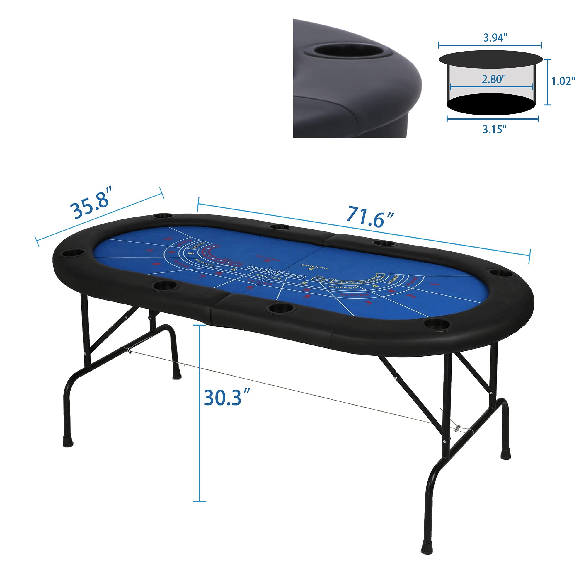 8 Player Folding Craps Poker Table for Texas Holdem, Blackjack & Baccarat - Casino Game Table with Blue Felt - Perfect for Home Game Nights & Casino-Themed Parties