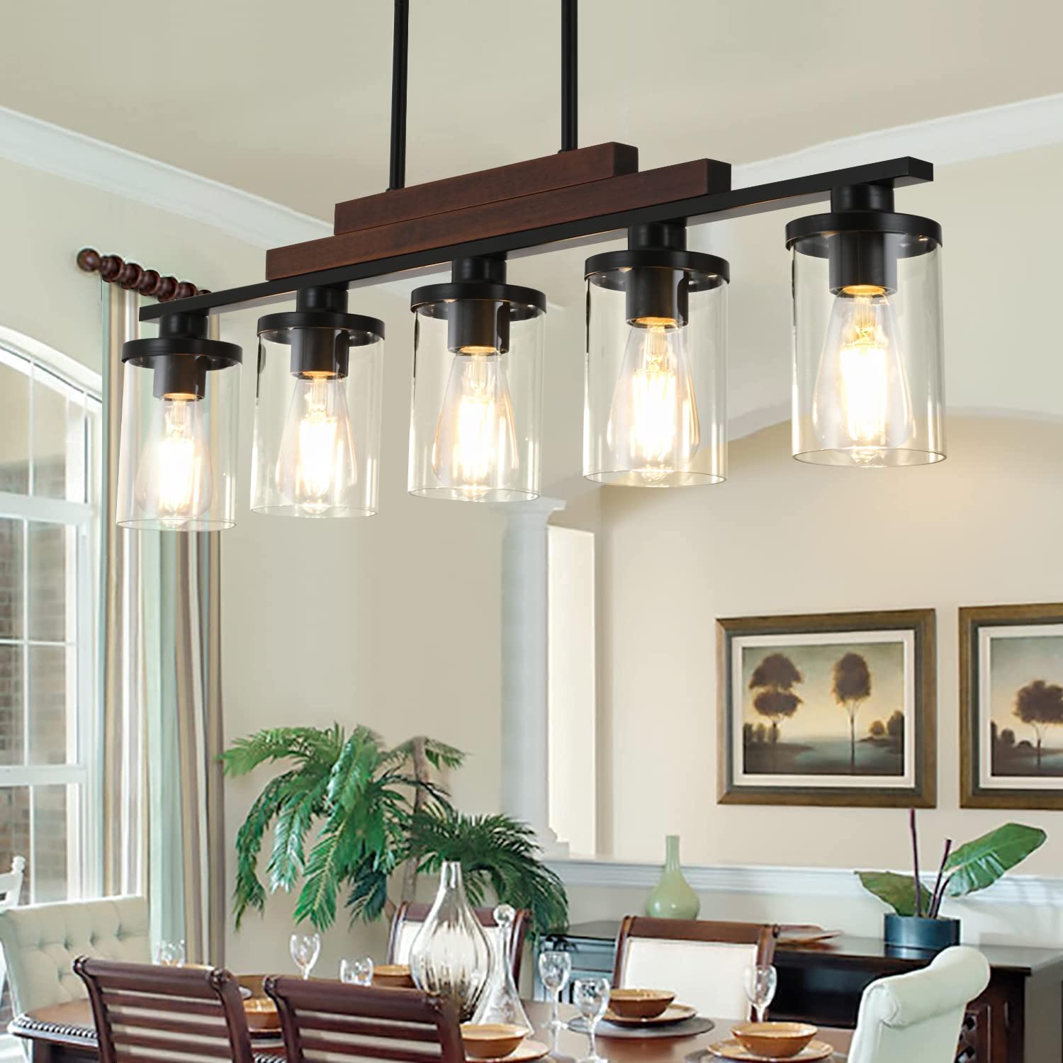 5-Light Black Pendant Chandelier for Kitchen Island & Dining Table - Modern Wood & Metal Hanging Light Fixture with Glass Shade | Perfect for Farmhouse, Industrial & Contemporary Home Decor