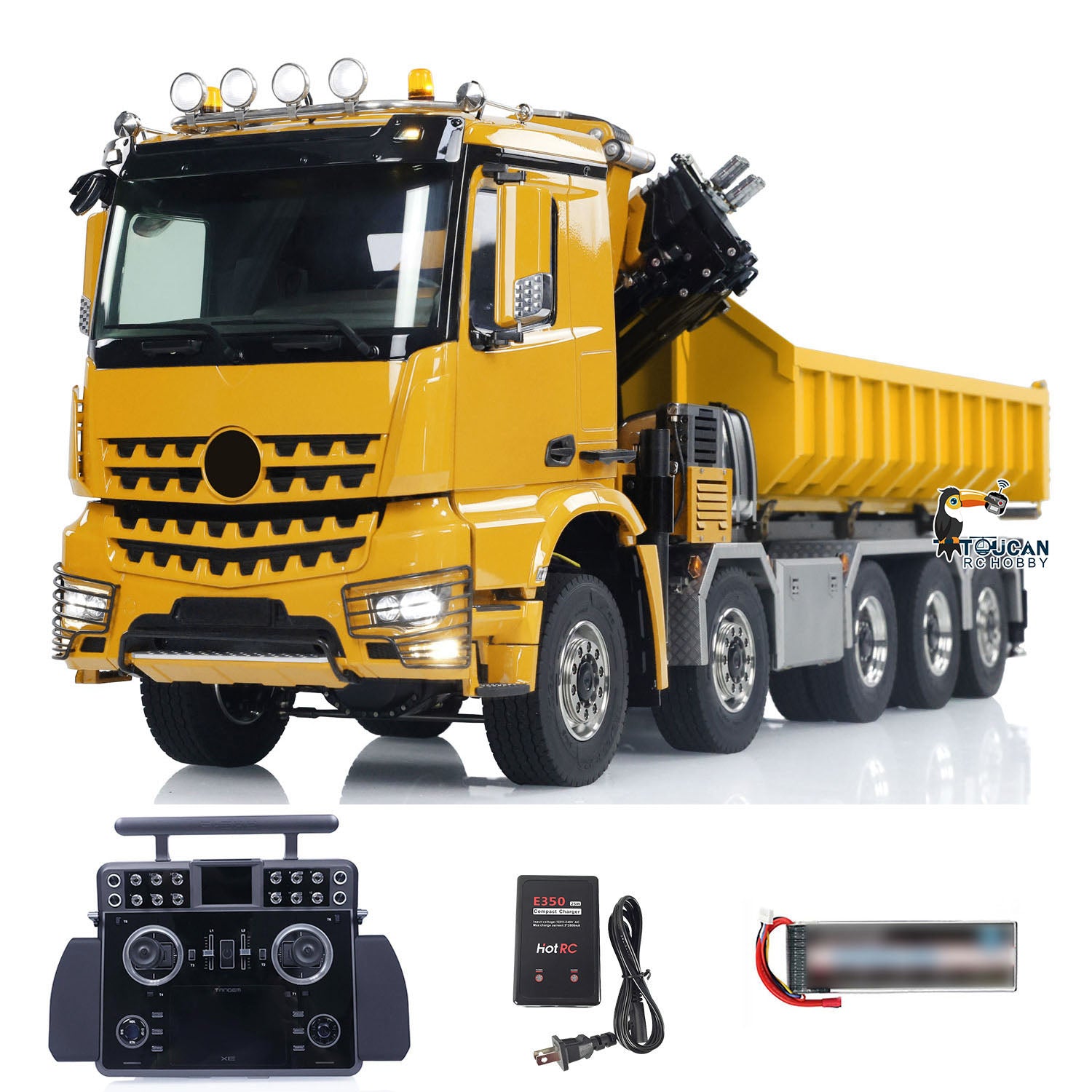 1:14 Scale 10x10 RC Hydraulic Crane Truck - Full Dump Metal Lorry with Rear Axle Steering & U-Shaped High-Standard Bucket & Timber Flatbed - Perfect for Construction Site Simulation, RC Hobbyists, and Collectors