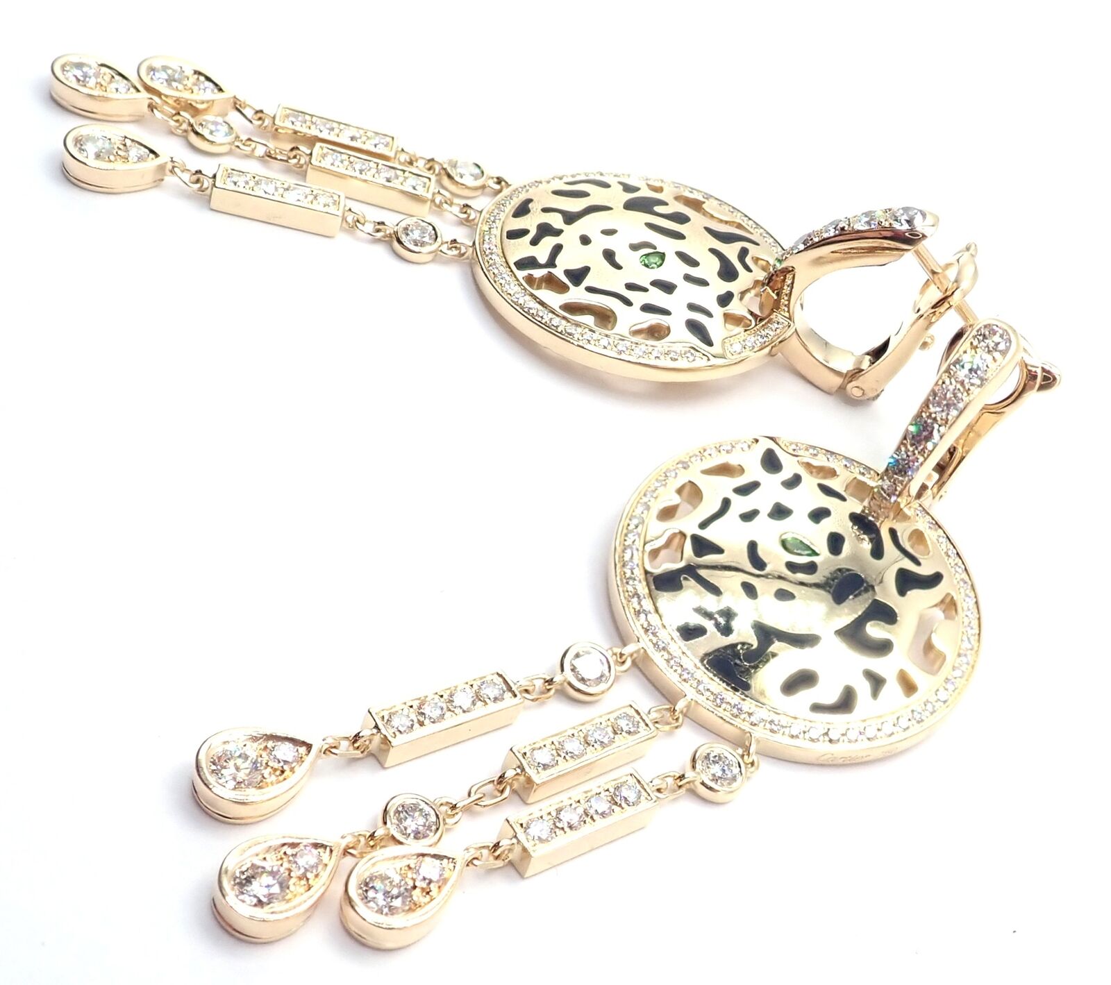 Authentic Cartier Panther 18K Yellow Gold Diamond Lacquer Tsavorite Earrings | Luxury Jewelry for Women | Perfect for Gifts, Parties & Special Occasions