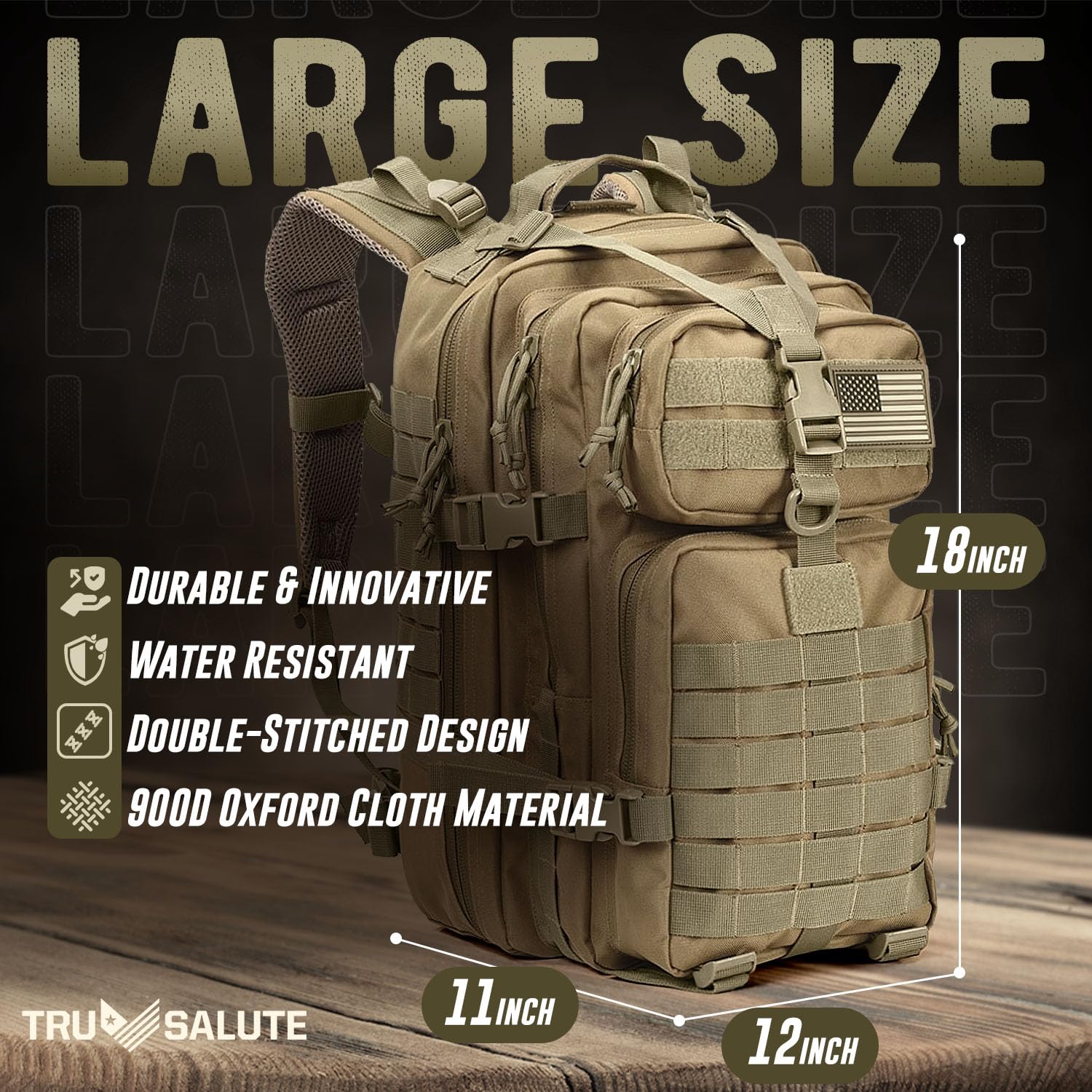 Tru Salute 45L Military Tactical Backpack - Large Army 3-Day Assault Pack with MOLLE System - Bug Out Bag & Rucksack (Tan) - Perfect for Camping, Hiking, and Outdoor Adventures