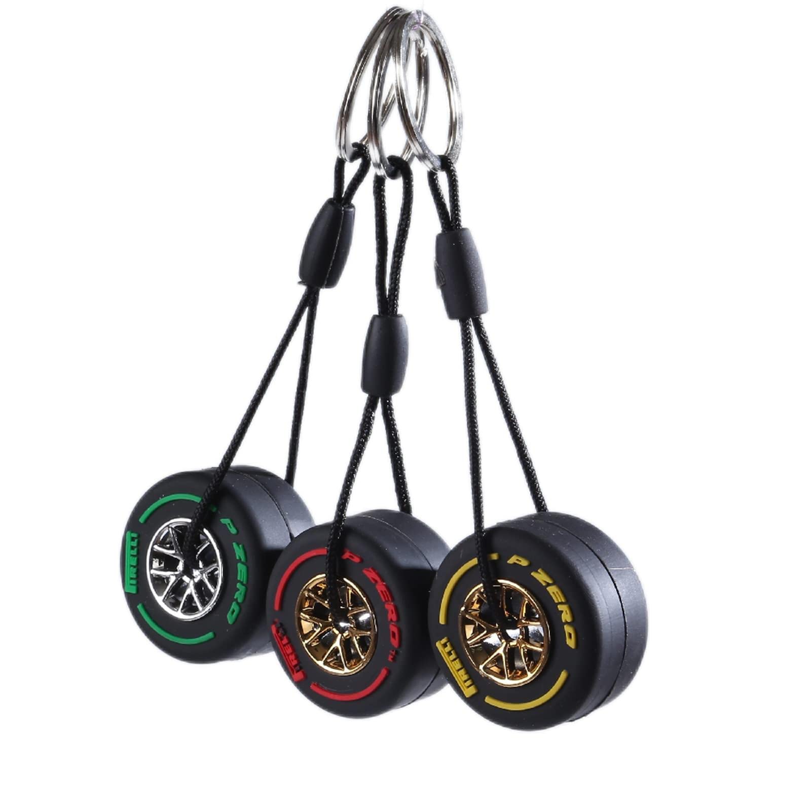 EJPTOYS F1 Racing Tire Keychain Set (3pcs) - Mini Car Tire Keychains in 3 Colors, Soft Rubber Material for Car Keys, Backpacks & Gifts - Red, Blue, Black - 2.36x2.36x1.37 Inches - Perfect for Racing Fans & Auto Enthusiasts