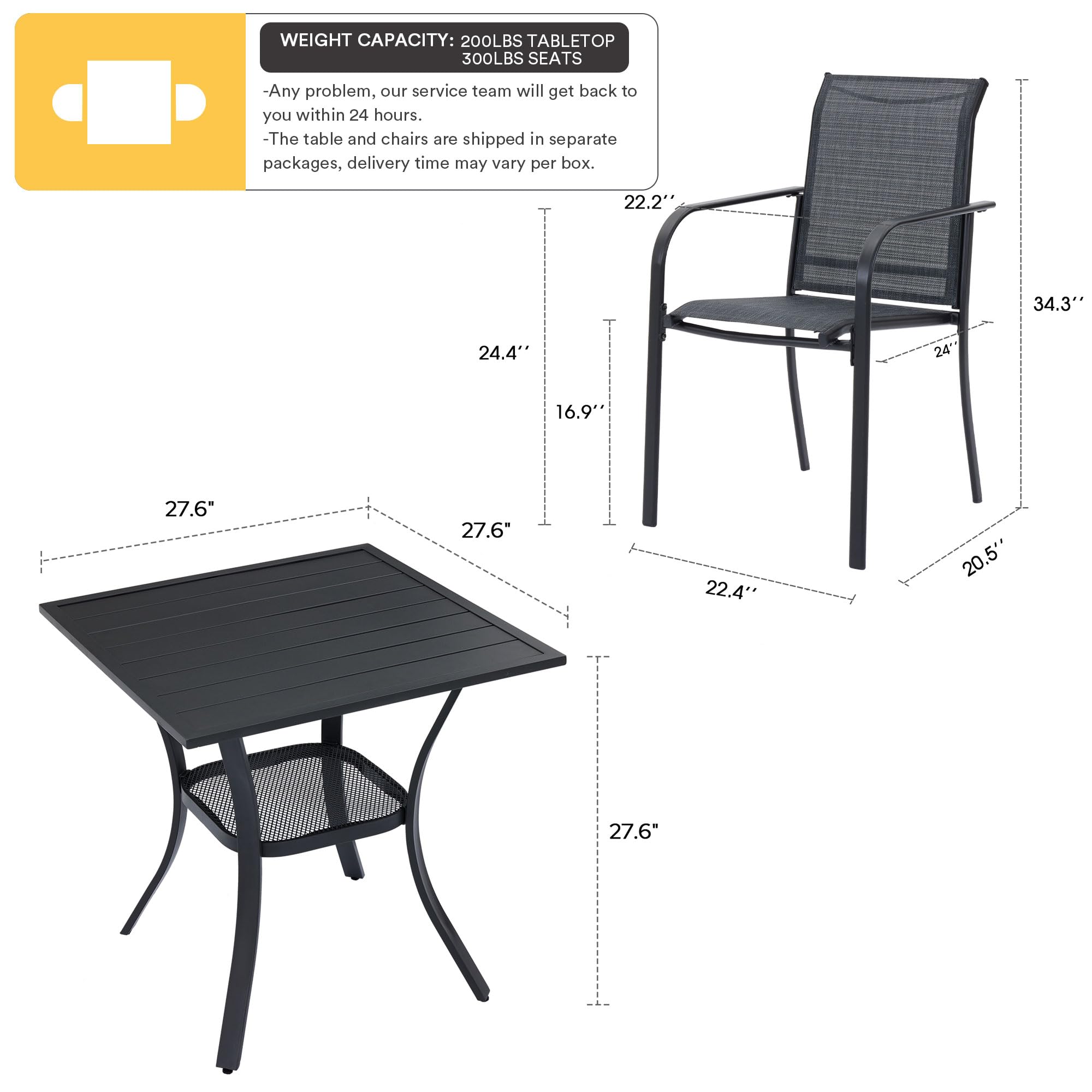 VICLLAX 3-Piece Outdoor Dining Set for 2 - Small Patio Table & 2 Stackable Sling Chairs - Black Table with Gray Chairs - Perfect for Balcony, Garden, Backyard & Small Spaces