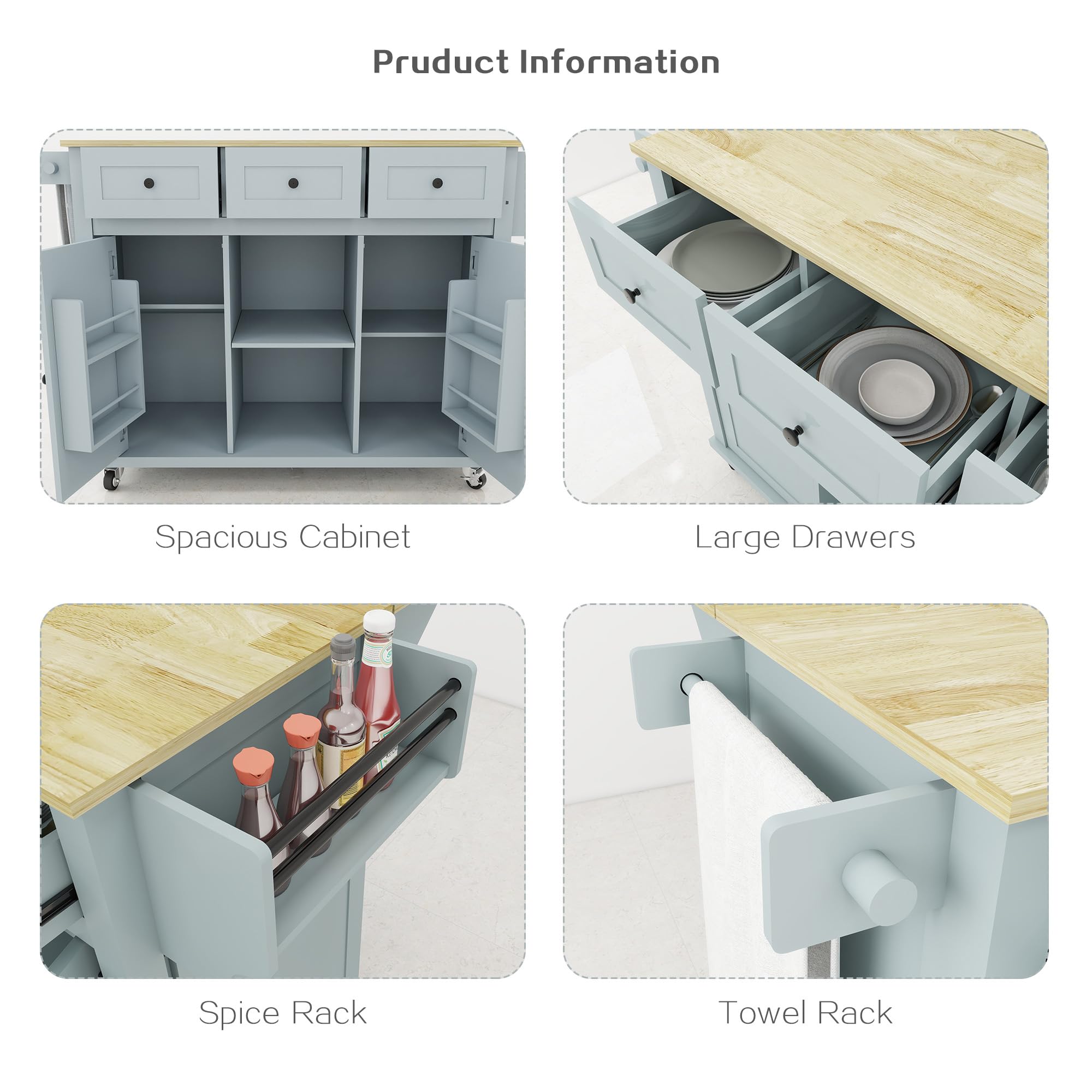 Rolling Kitchen Cart with Storage & Drop Leaf - Grey Blue for Cooking & Dining
