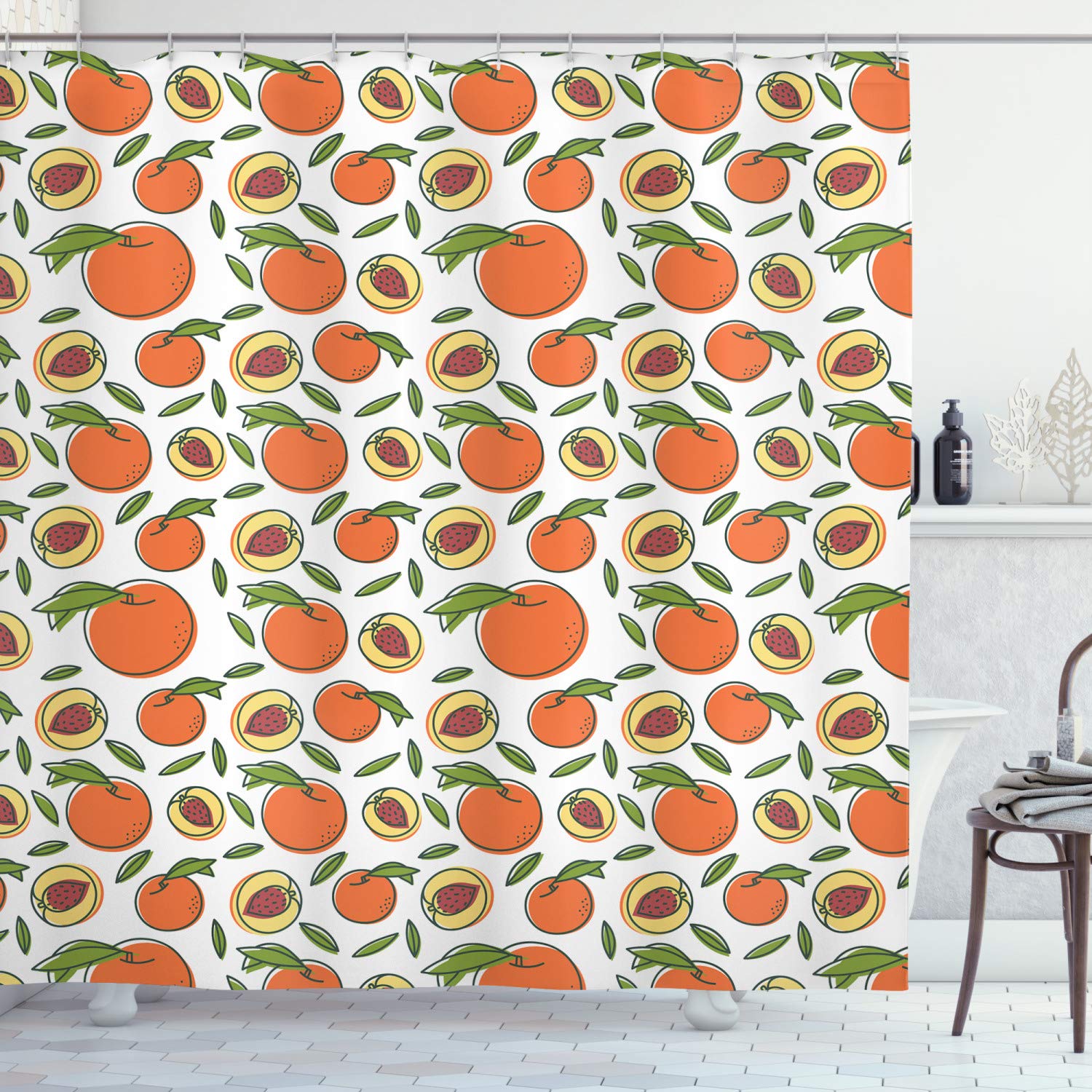 Ambesonne Peach Color Shower Curtain - Fruit Pattern with Healthy Food Design, Soft Fabric Bathroom Decor Set Includes Hooks, 69x70 Inches, White & Burnt Sienna | Perfect for Farmhouse, Vintage, or Modern Bathroom Decor