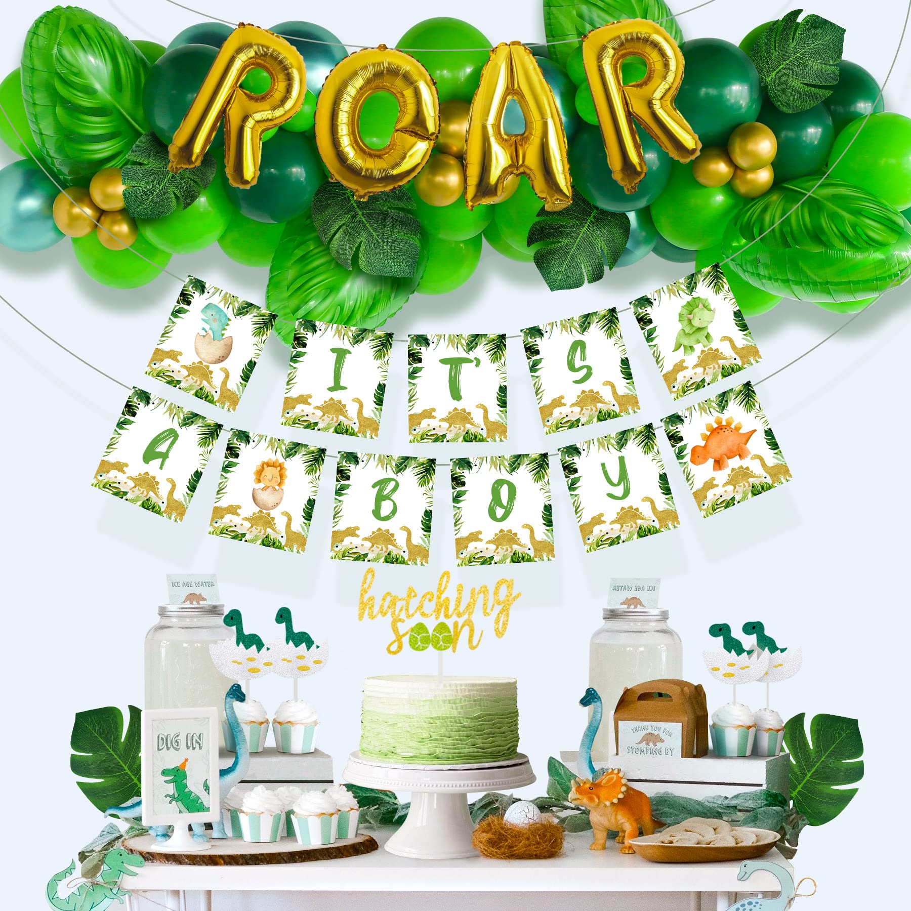 Dinosaur Baby Shower Decorations for Boys - Dinosaur Balloon Garland Arch, Table Decor & Party Supplies | IT'S A BOY Banner & Hatching Soon Cake Topper | Perfect for Dinosaur-Themed Baby Showers, Gender Reveals & Birthday Parties