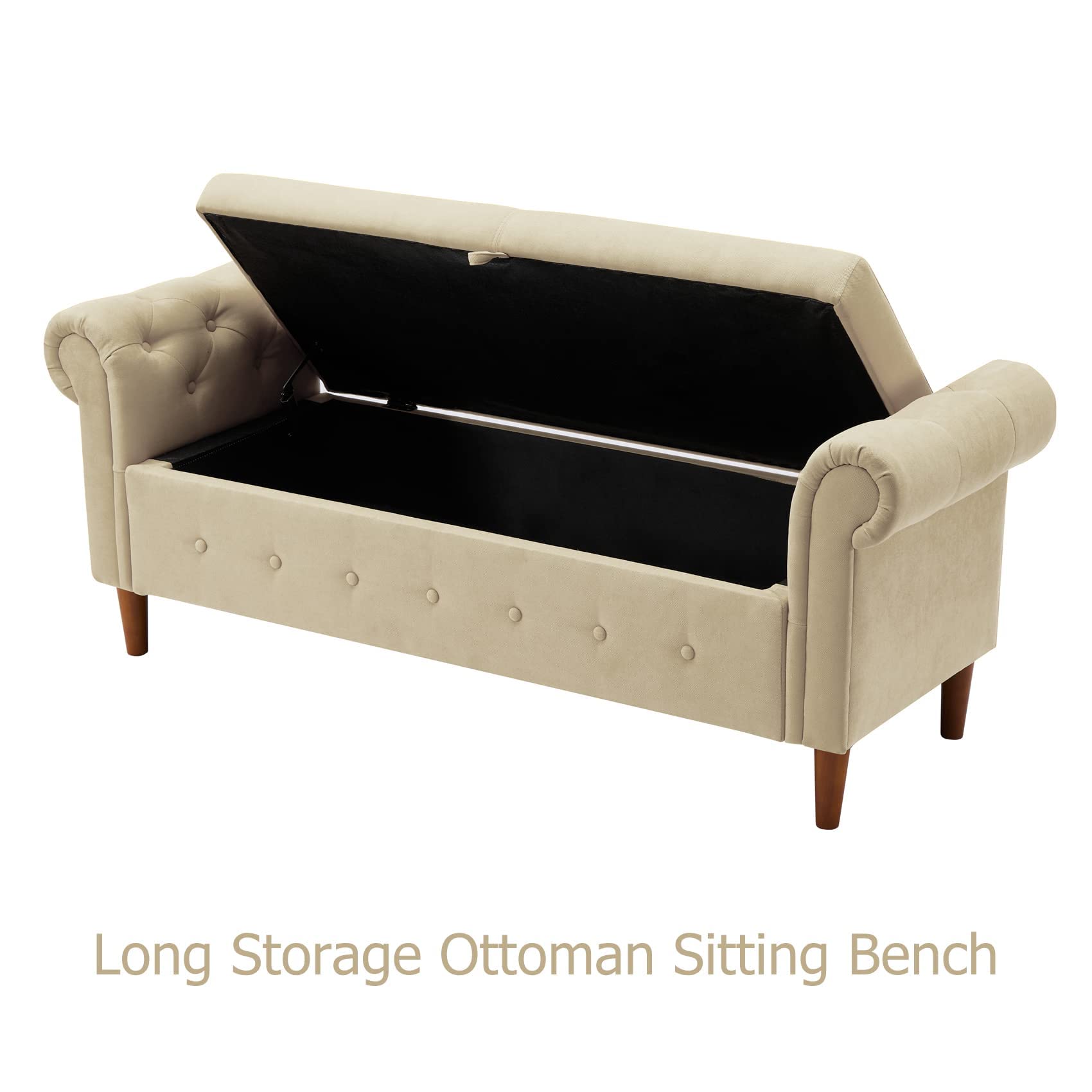 Aoowow Storage Bench with Rolled Arms - Linen Fabric Ottoman for Bedroom, End of Bed, Window Seat, or Fireplace - Beige Toy Storage Bench for Living Room, Nursery, or Entryway