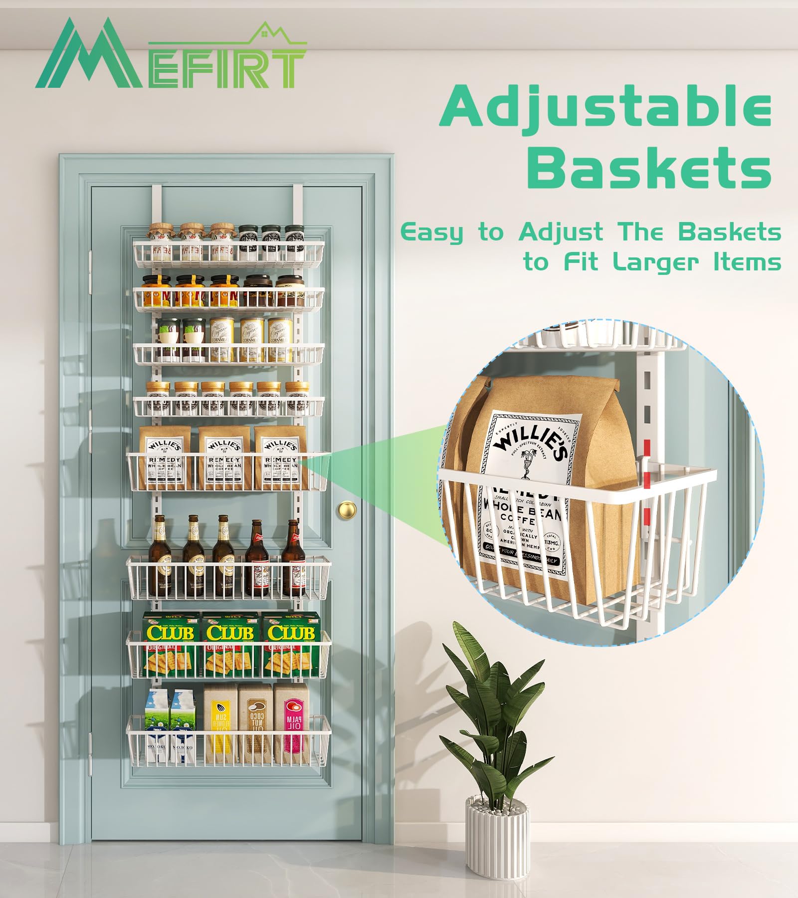 8-Tier Over The Door Pantry Organizer - Heavy-Duty Metal Hanging Storage Baskets for Spices, Seasonings & Kitchen Essentials - Space-Saving Wall Mount Shelves for Pantry, Laundry Room & Bathroom Organization (White) - Perfect for Small Spaces & Clutter-Free Home Storage