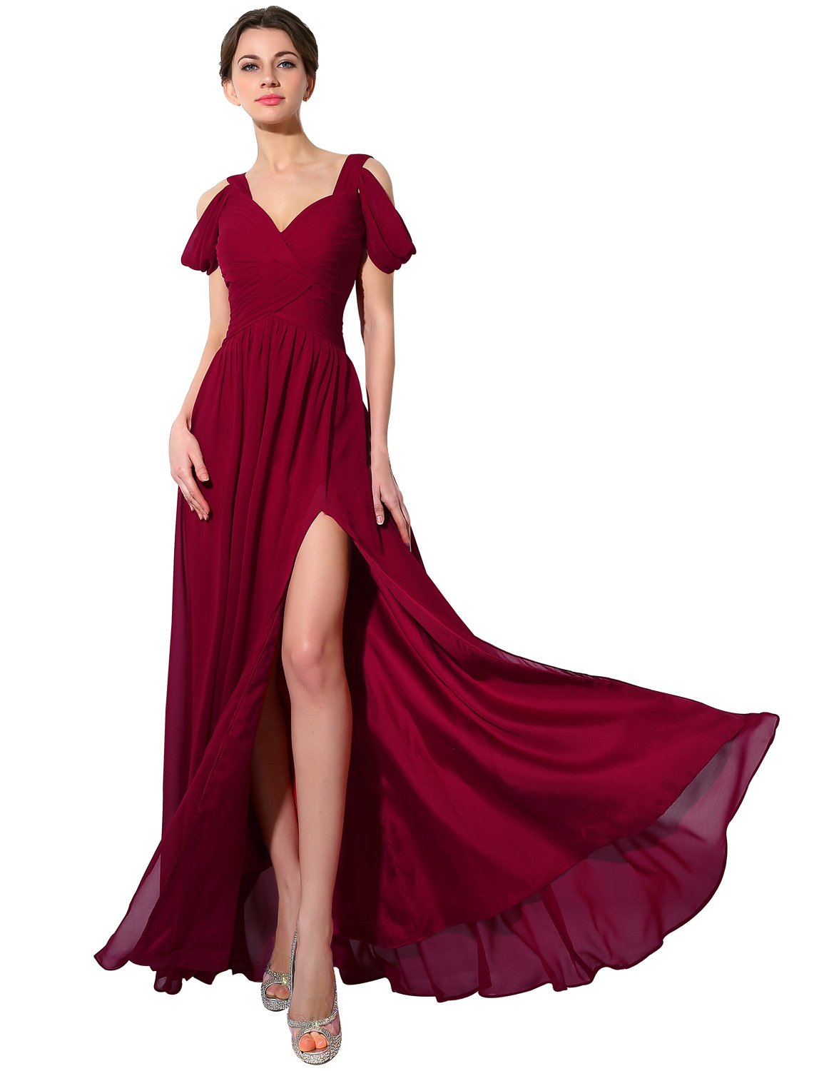 Sarahbridal Women's Chiffon Bridesmaid Dress - Elegant Deep V Neck & High Side Slit Long Prom Gown for Weddings, Parties & Special Occasions