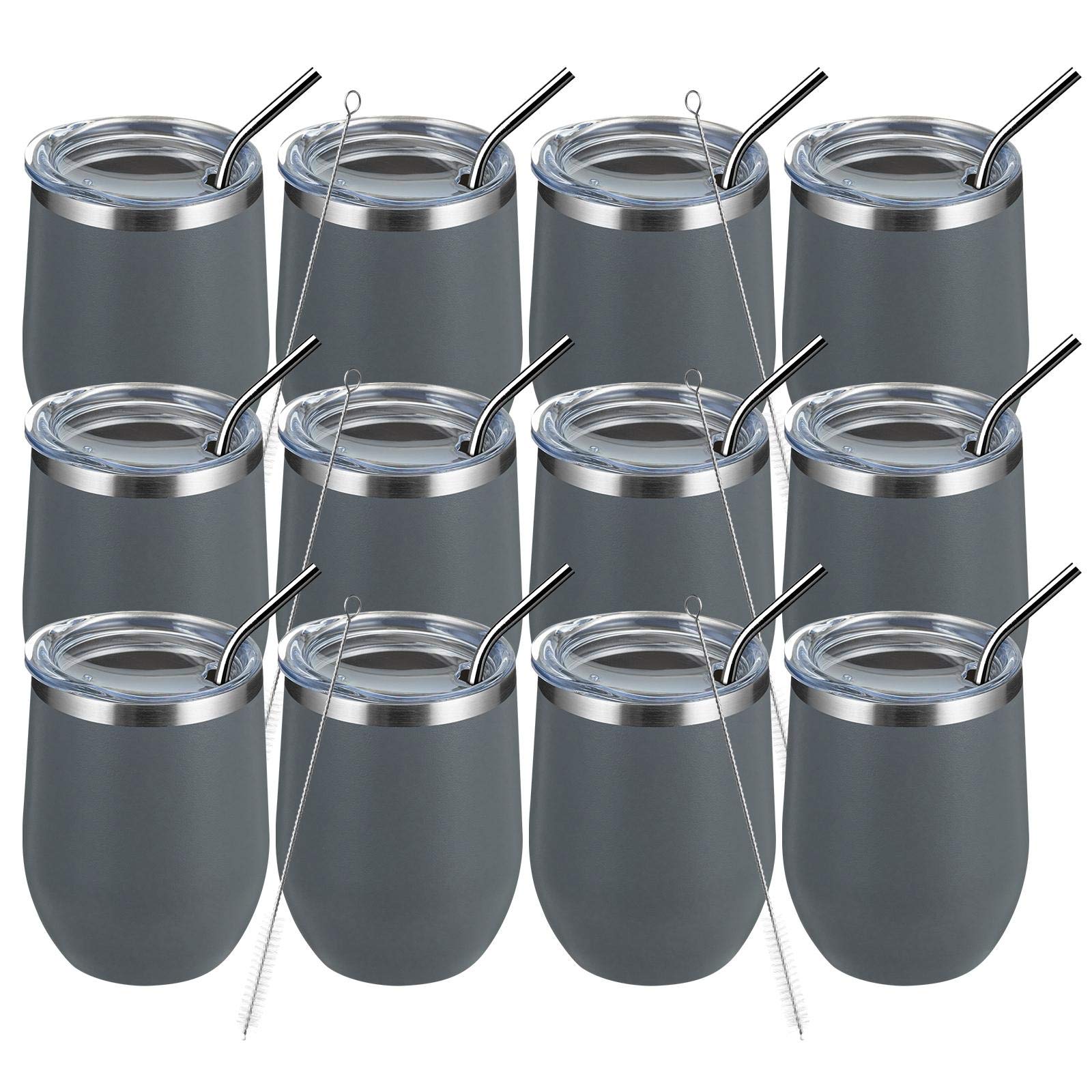 MEWAY 12oz/12 Pack Stainless Steel Wine Tumbler with Lid - Double Wall Vacuum Insulated Travel Mug for Wine, Coffee & Cocktails | Stemless Cups for Home, Office & Outdoor Use | Great Gift Set (Gray, 12-Pack)