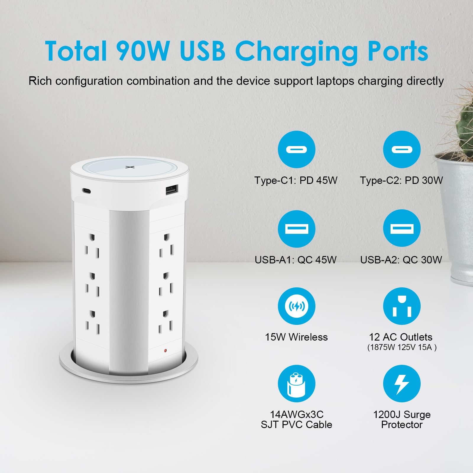 HEZI 4-inch Pop Up Countertop Outlet with 15W Wireless Charger | 45W Power Delivery | 2 USB-A & 2 USB-C Ports | 12 AC Outlets | Tamper Resistant 15A | for Home Office Kitchen Counter Island | Perfect for Charging Phones, Laptops & Small Appliances