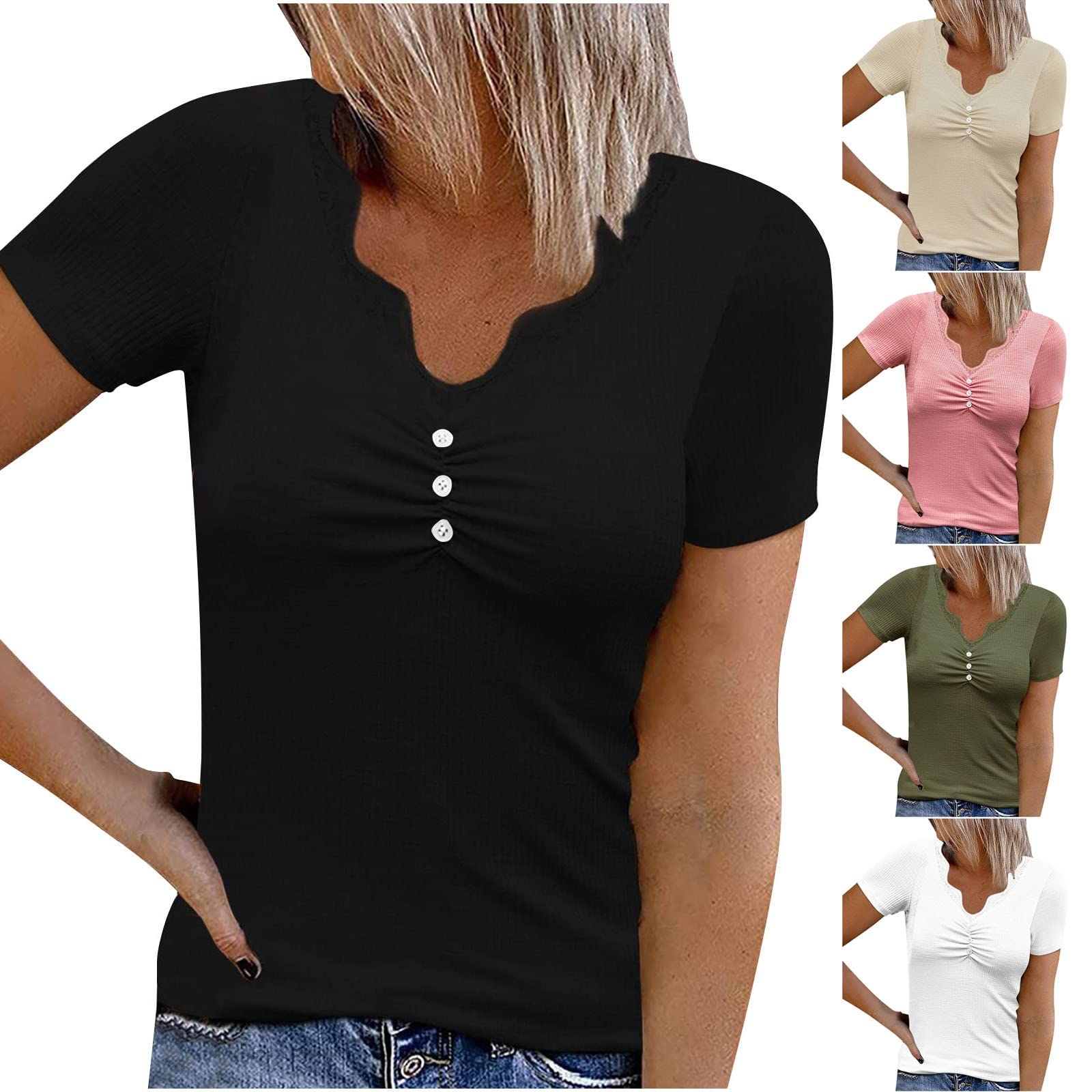 Women's Short Sleeve V-Neck Lace Tunic Top - Summer Ribbed Pullover Blouse for Casual Wear, Office & Date Night Outfits