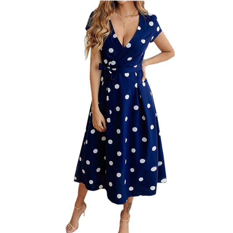 Vintage Floral Print Maxi Dress for Women - Short Sleeve V-Neck Summer Dress with Polka Dots | Casual Beach Wear, Garden Party & Vacation Outfit