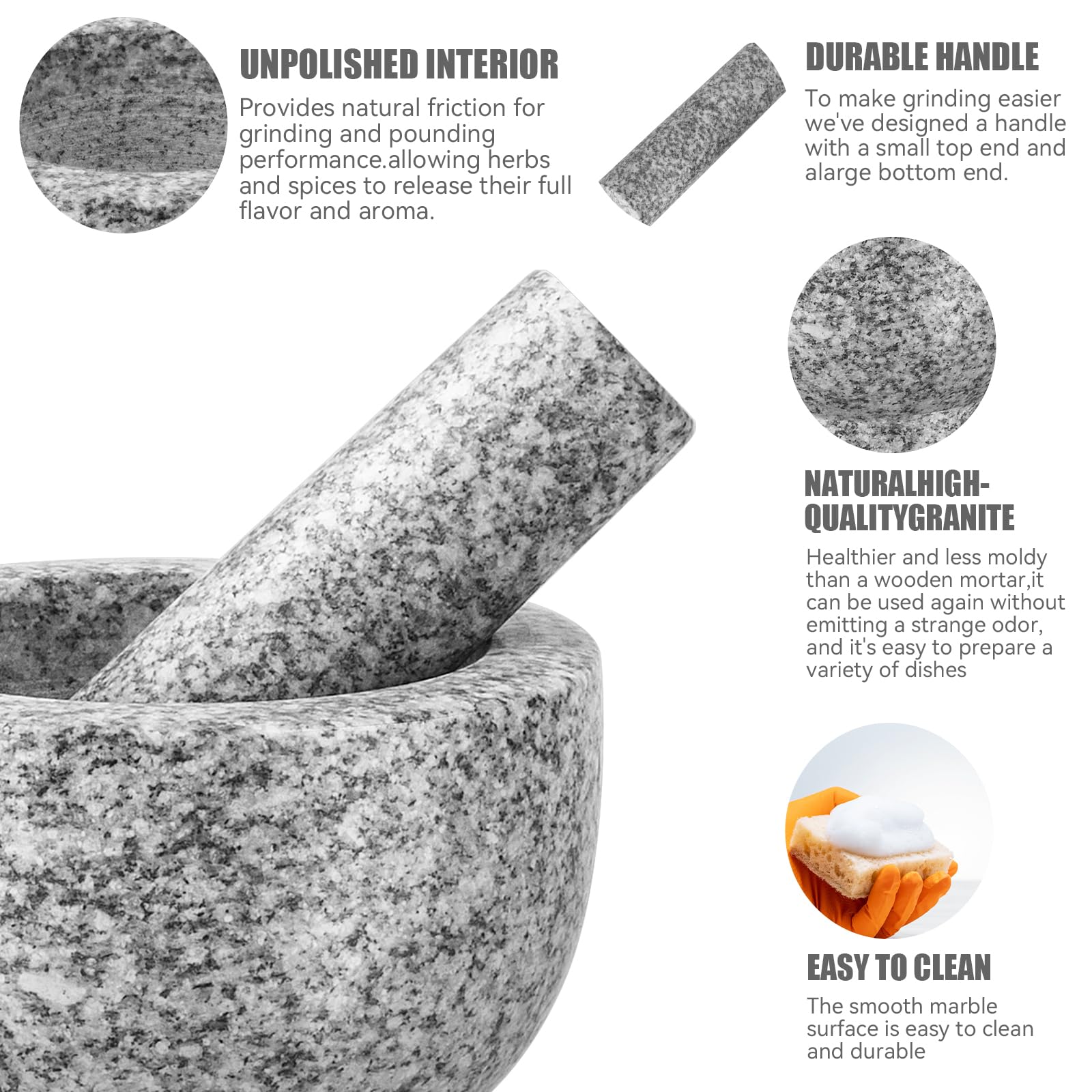 Premium Gray Granite Mortar and Pestle Set - Heavy Duty Stone Spice Grinder & Herb Crusher for Guacamole, Salsa, Nuts & Seasonings - 2 Cup Capacity - Perfect for Kitchen, Cooking & Ayurvedic Medicine Preparation
