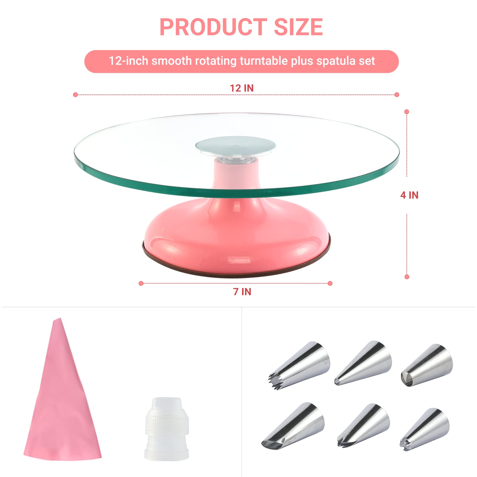 12 Inch Pink Glass Cake Turntable - Premium Cake Spinner Stand for Baking & Decorating | Perfect for Birthday Cakes, Wedding Cakes, Cupcakes & Dessert Presentation | Essential Cake Decorating Supplies & Tools for Home Bakers & Professionals