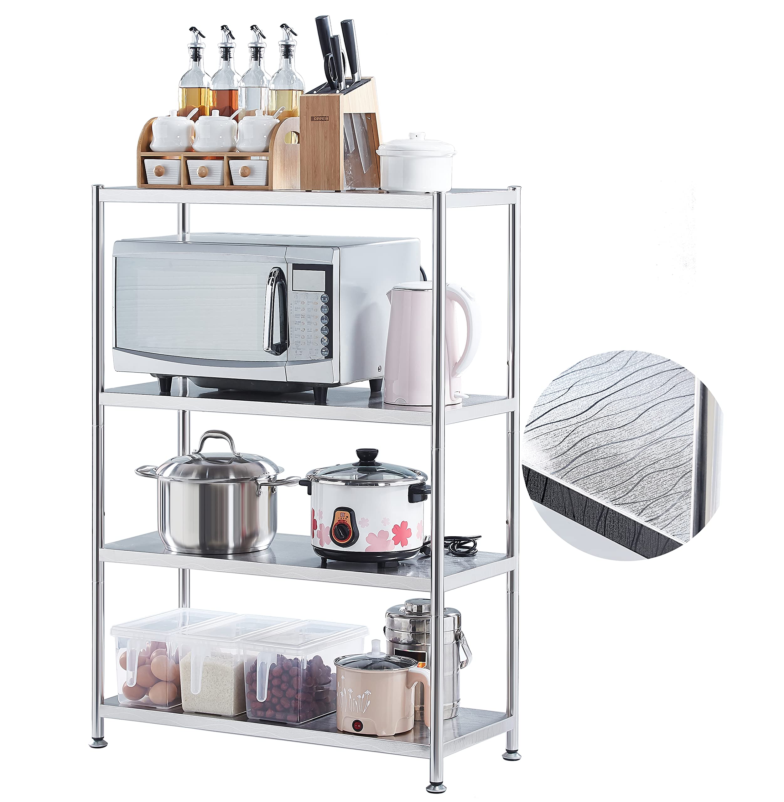 Stainless Steel Shelves 23.6 Inch 4-Tier Kitchen Storage Shelf Organizer - Heavy Duty, Waterproof, Artistic Texture for Pantry, Garage, Bathroom & Commercial Use