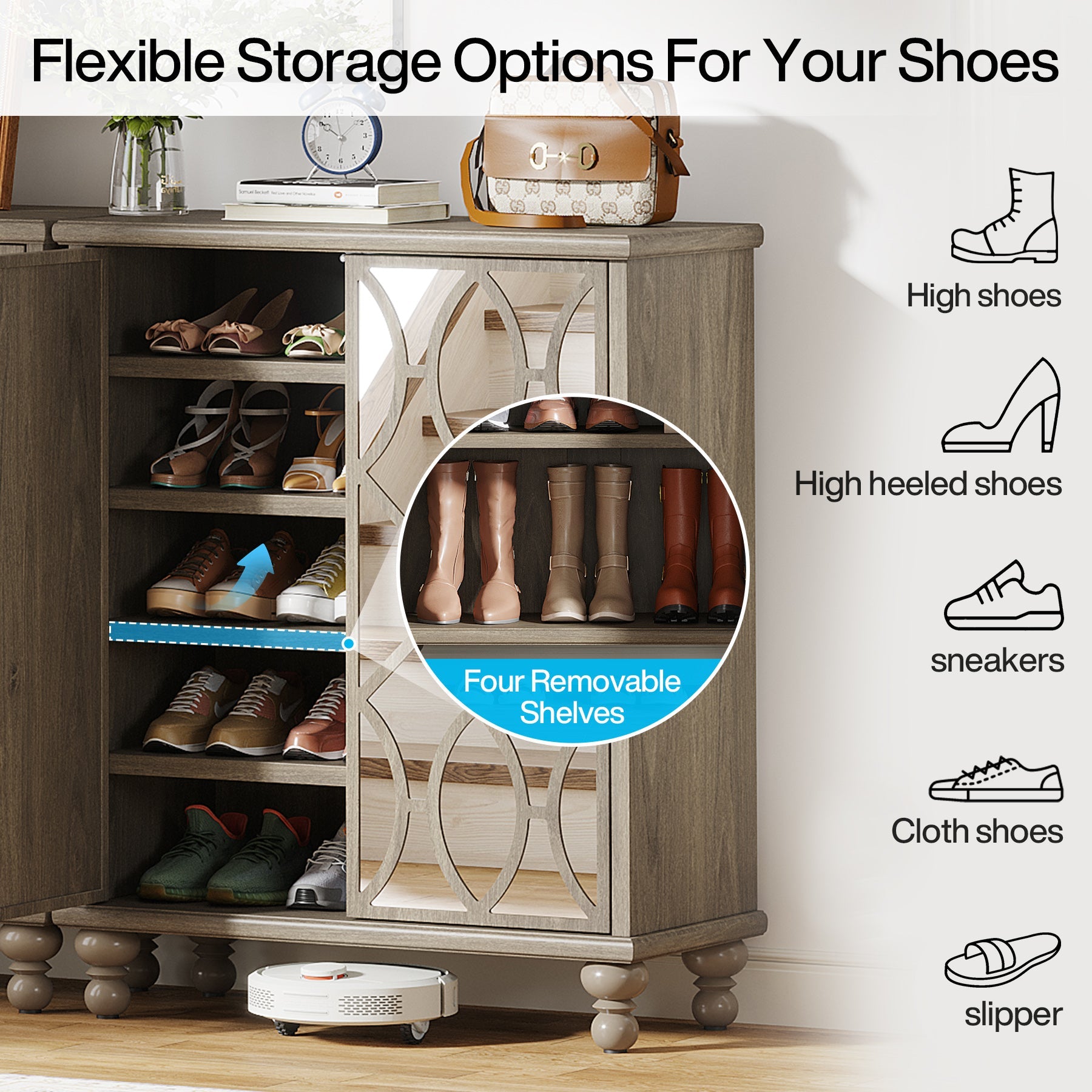 5-Tier Mirror Shoe Cabinet with Doors - Large Shoe Storage Organizer for Entryway, Bedroom & Closet - Space Saving Shoe Rack for Sneakers, Boots & Heels