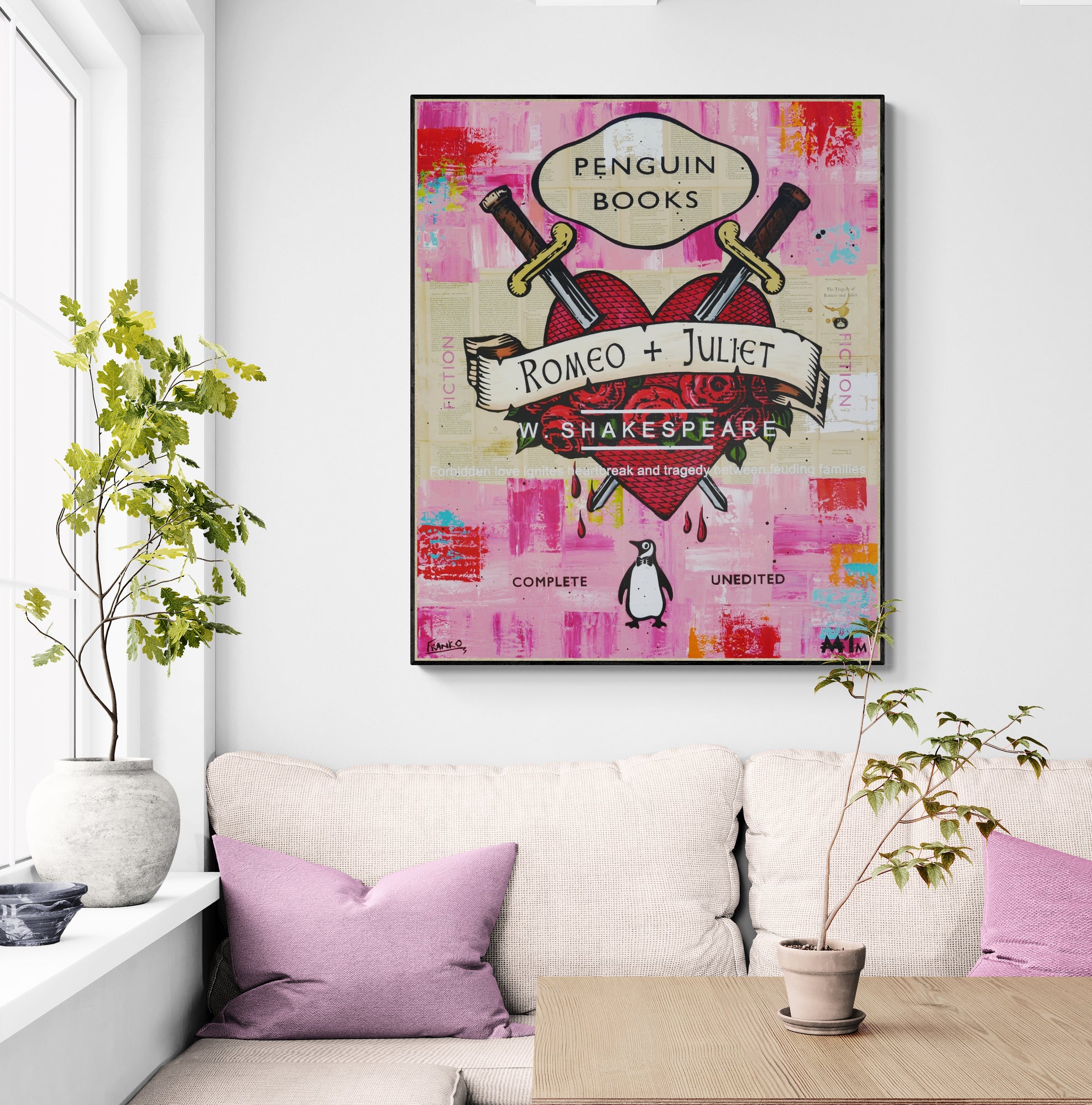 Hearts on Fire 120cm x 100cm Romeo & Juliet Urban Pop Art Painting - Perfect for Book Club Decor & Modern Living Room Wall Art
