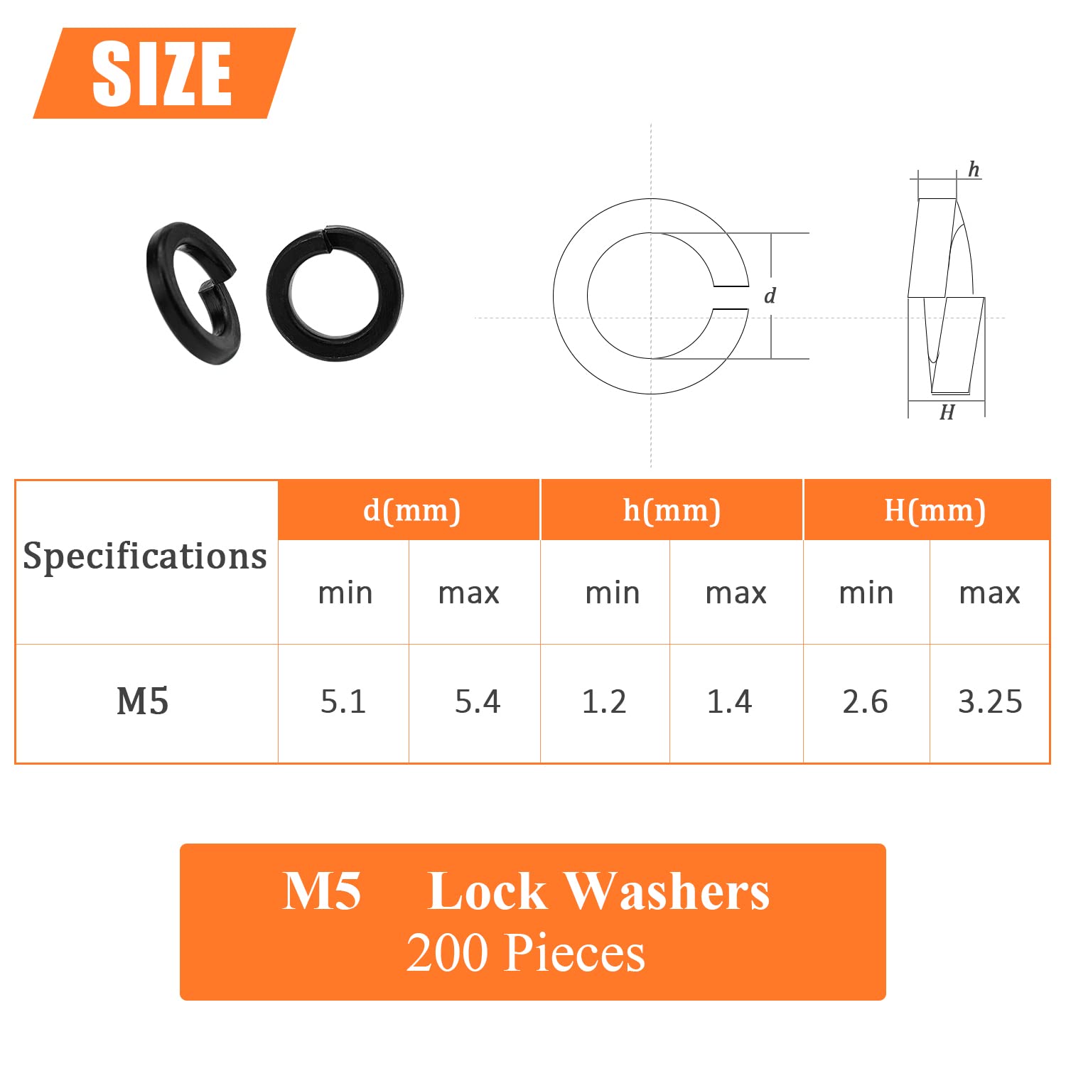 200 Pieces M5 Split Lock Washers - 8.8 Grade Alloy Steel Spring Washers for Screws & Bolts - Black Anti-Loose Fasteners - Ideal for Automotive, Machinery & DIY Projects