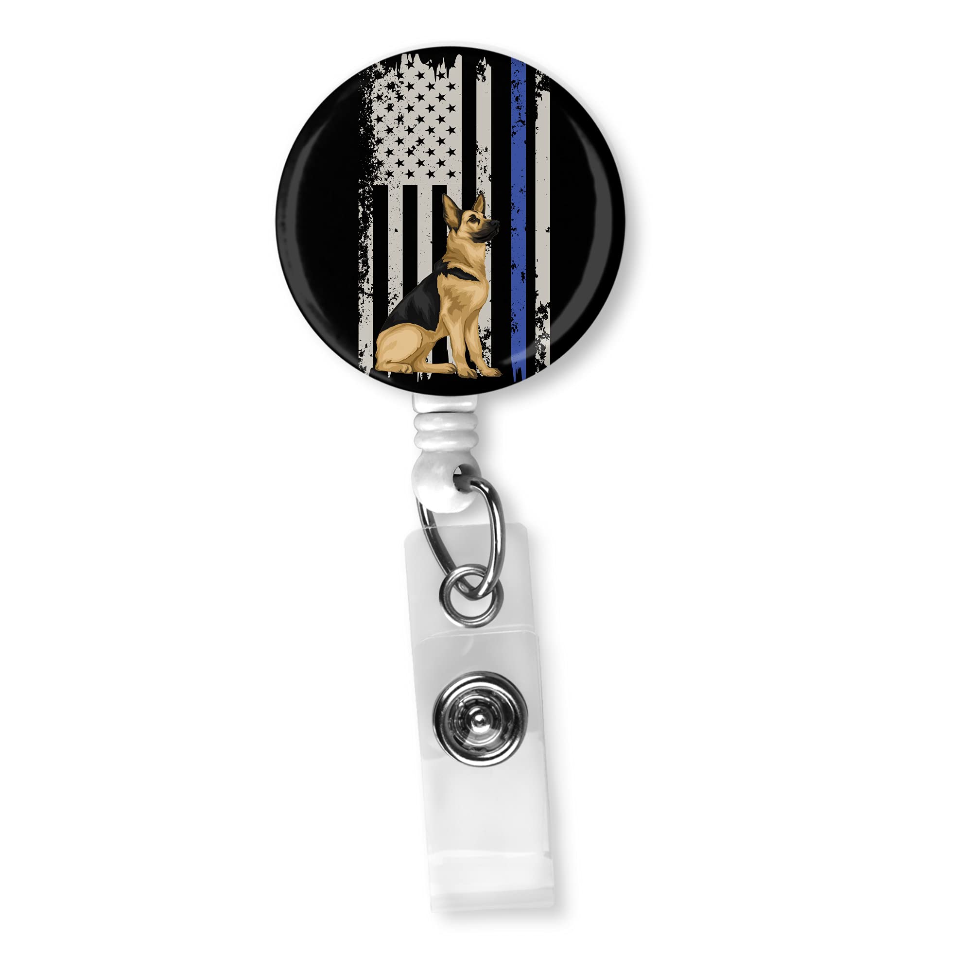 Thin Blue Line Badge Reel - K9 German Shepherd ID Holder for Police & Military