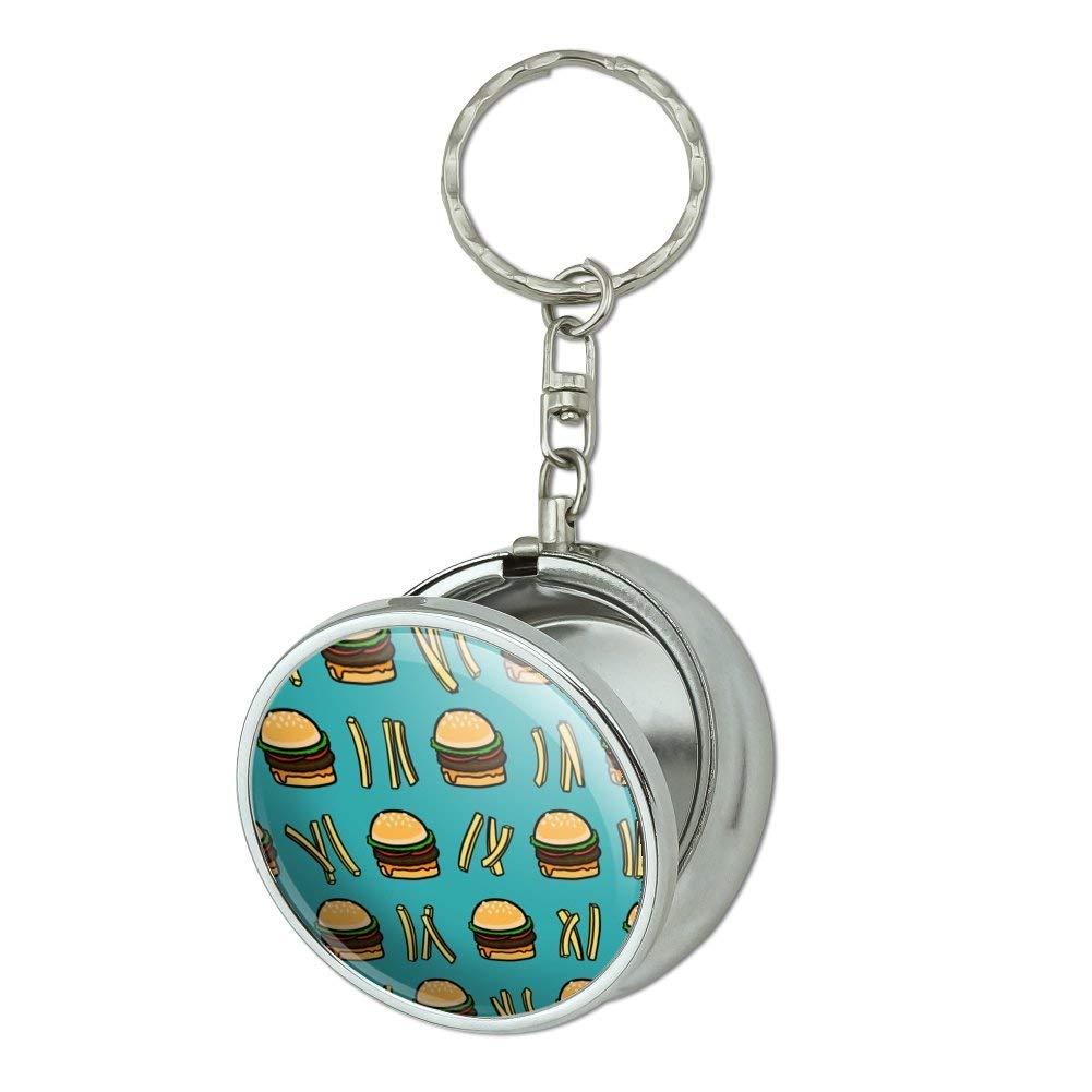 Hamburger & Fries Pattern Portable Travel Ashtray Keychain with Cigarette Holder - Compact Pocket Purse for Smokers, Outdoor Camping & Road Trips