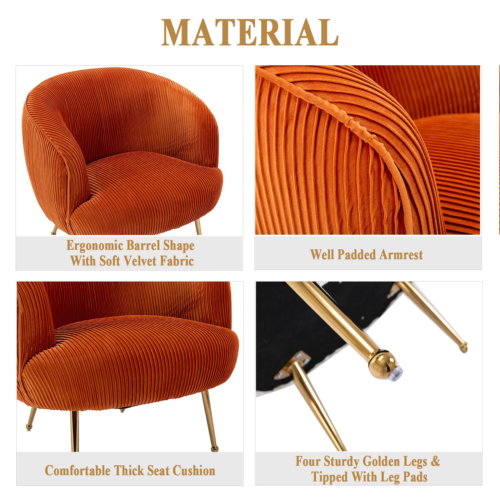 DUOMAY Modern Velvet Accent Armchair with Golden Legs - Barrel Upholstered Lounge Chair, Comfortable Single Sofa for Living Room, Bedroom & Office - Perfect for Relaxing, Reading & Decor (Orange)