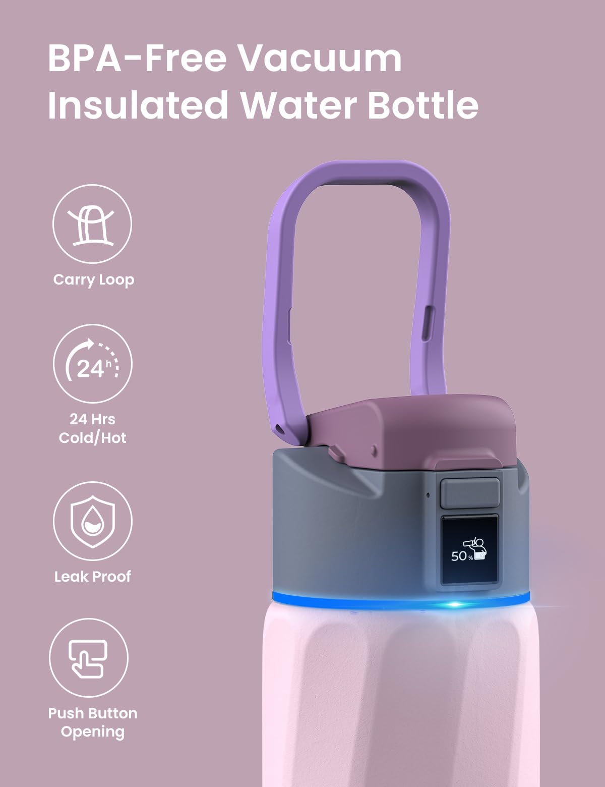 Smart Water Bottle with Drink Reminder - 24oz BPA-Free Vacuum Insulated, Perfect for Gym & Office