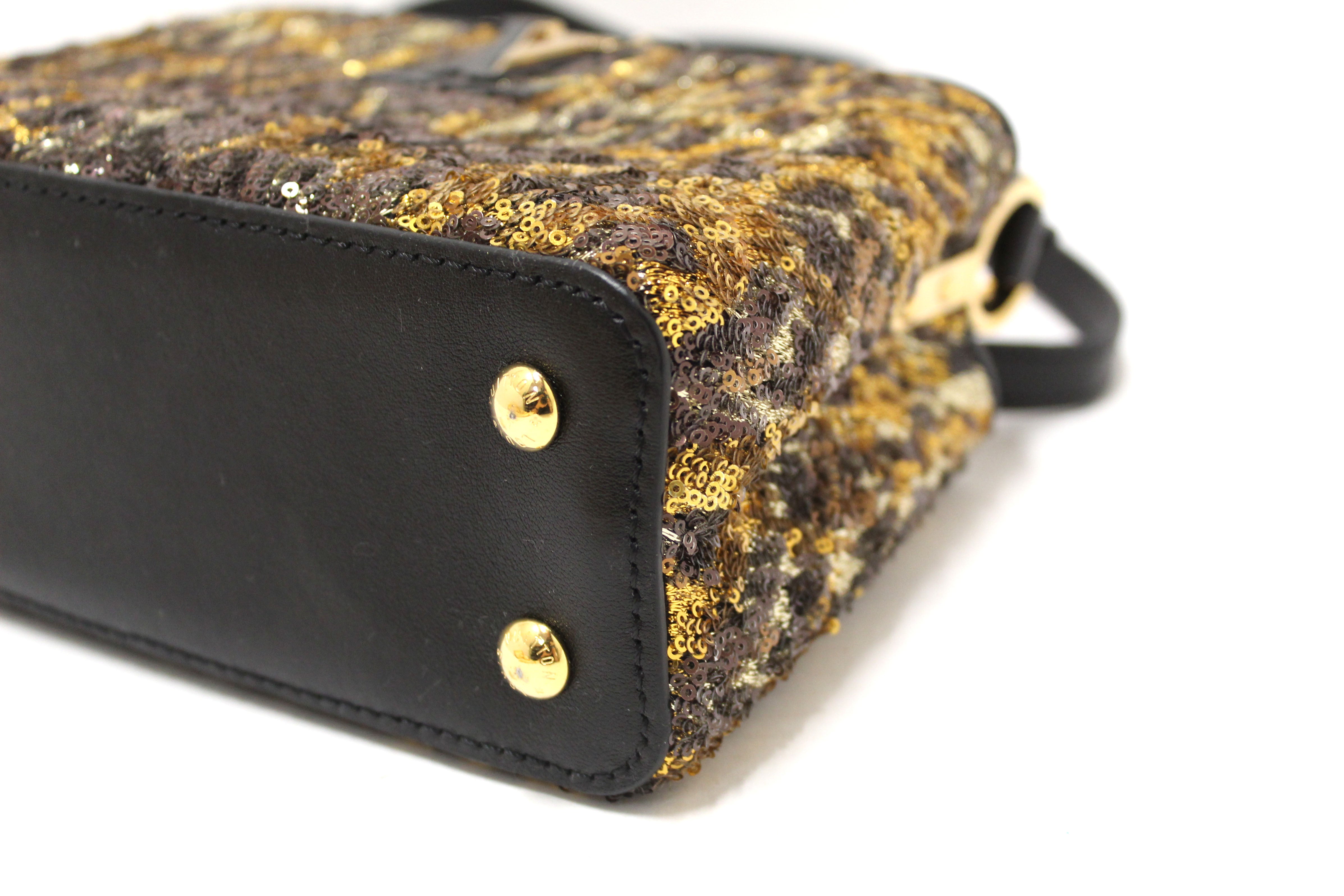 Authentic Louis Vuitton Capucine BB Handbag in Black & Gold with Leoflame Dore Sequins - Luxury Evening Bag for Parties, Weddings & Special Occasions