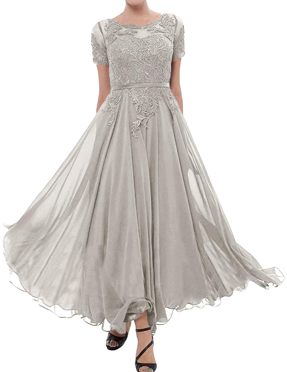 Elegant Tea Length Mother of The Bride Dress - Lace Formal Evening Gown with Short Sleeves & Applique Details for Wedding Guest & Groom's Mother | Perfect for Weddings, Receptions, and Special Occasions